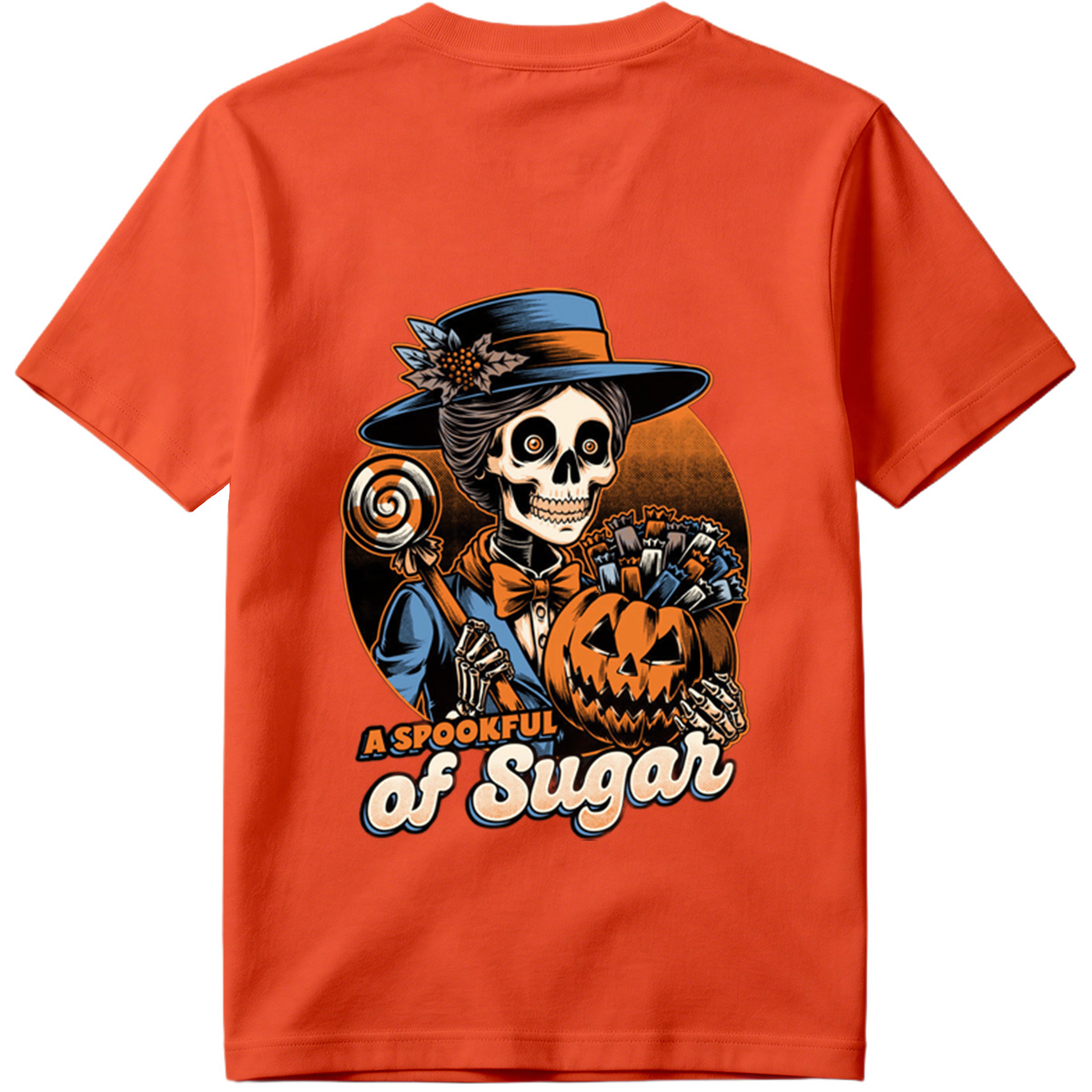 A Spookful of Sugar: Skeleton Lady with Pumpkin and Candy - Tee