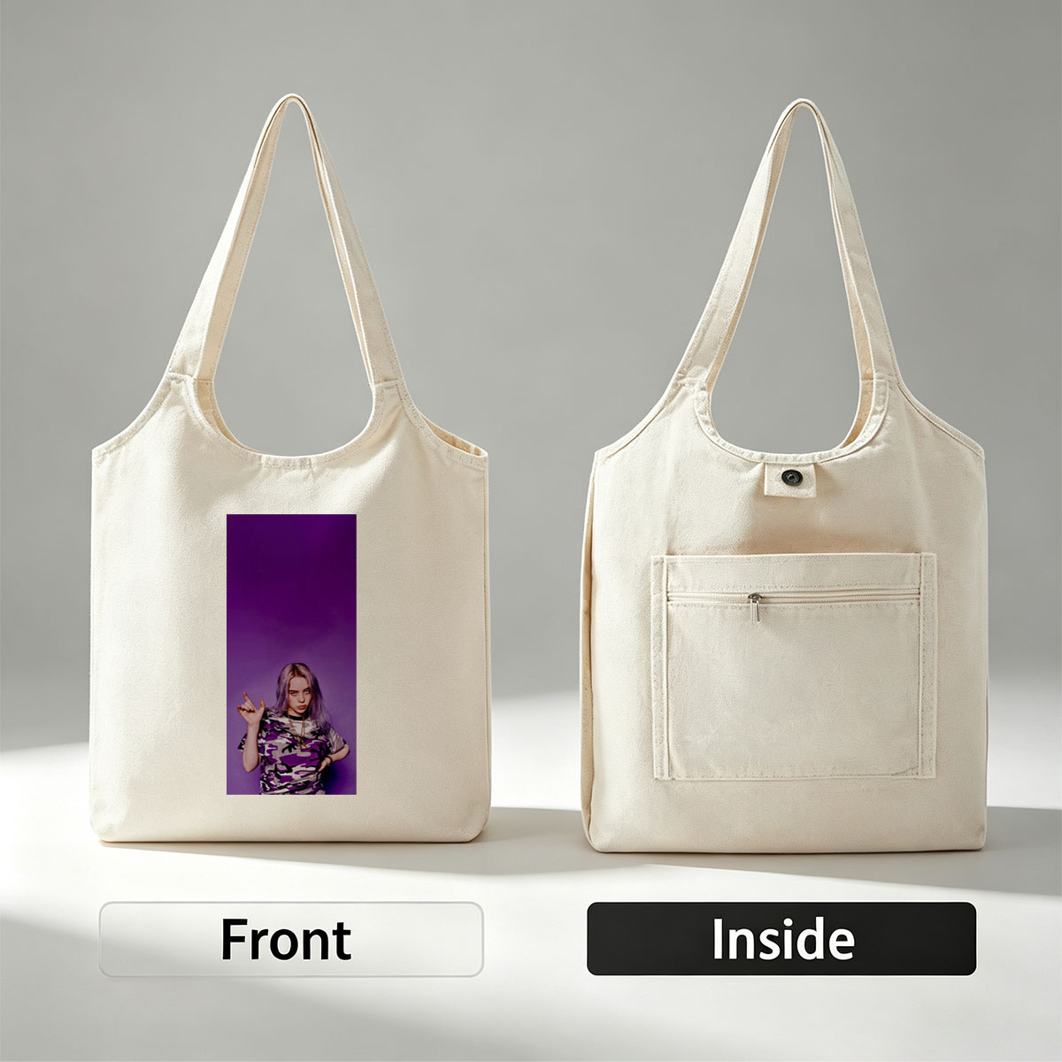 Billie Eilish in Purple Camo Outfit Making Hand Gesture Against Vibrant Background - Canvas shoulder bags/