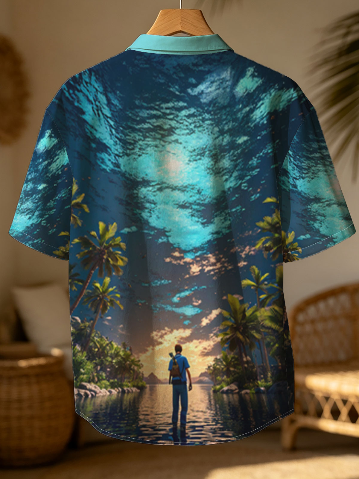Man stands on water under surreal sky, surrounded by palm trees at twilight -  Shirt