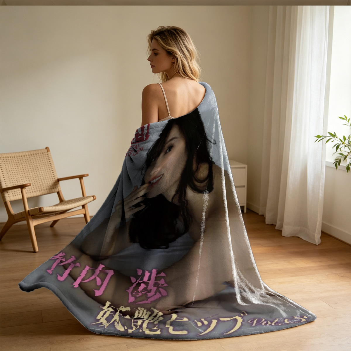 Blonde woman in beige lingerie sitting topless on kitchen chair. - Blanket