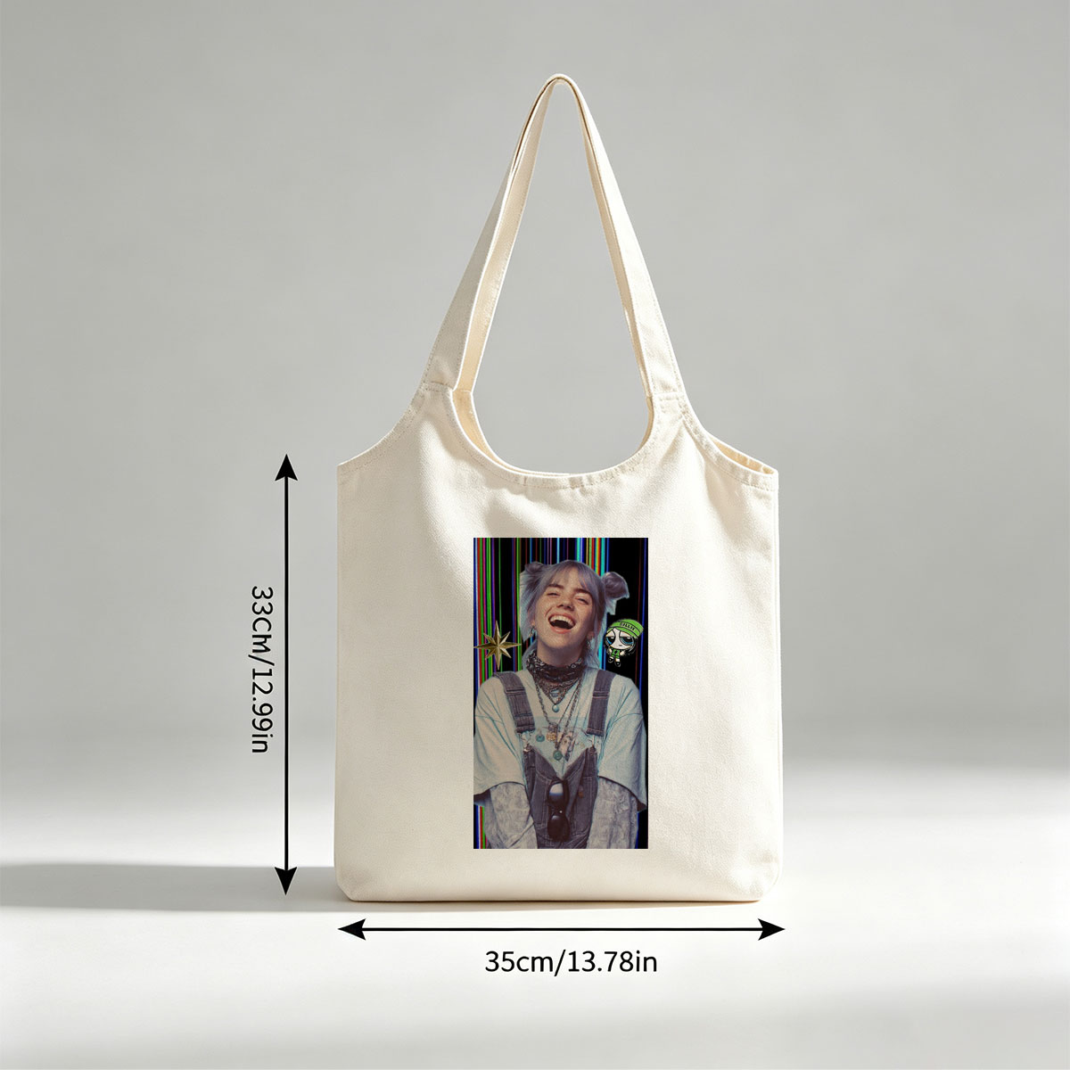 Billie Eilish Laughing in Overalls with Colorful Background and Cartoon Character Overlay - Canvas shoulder bags/