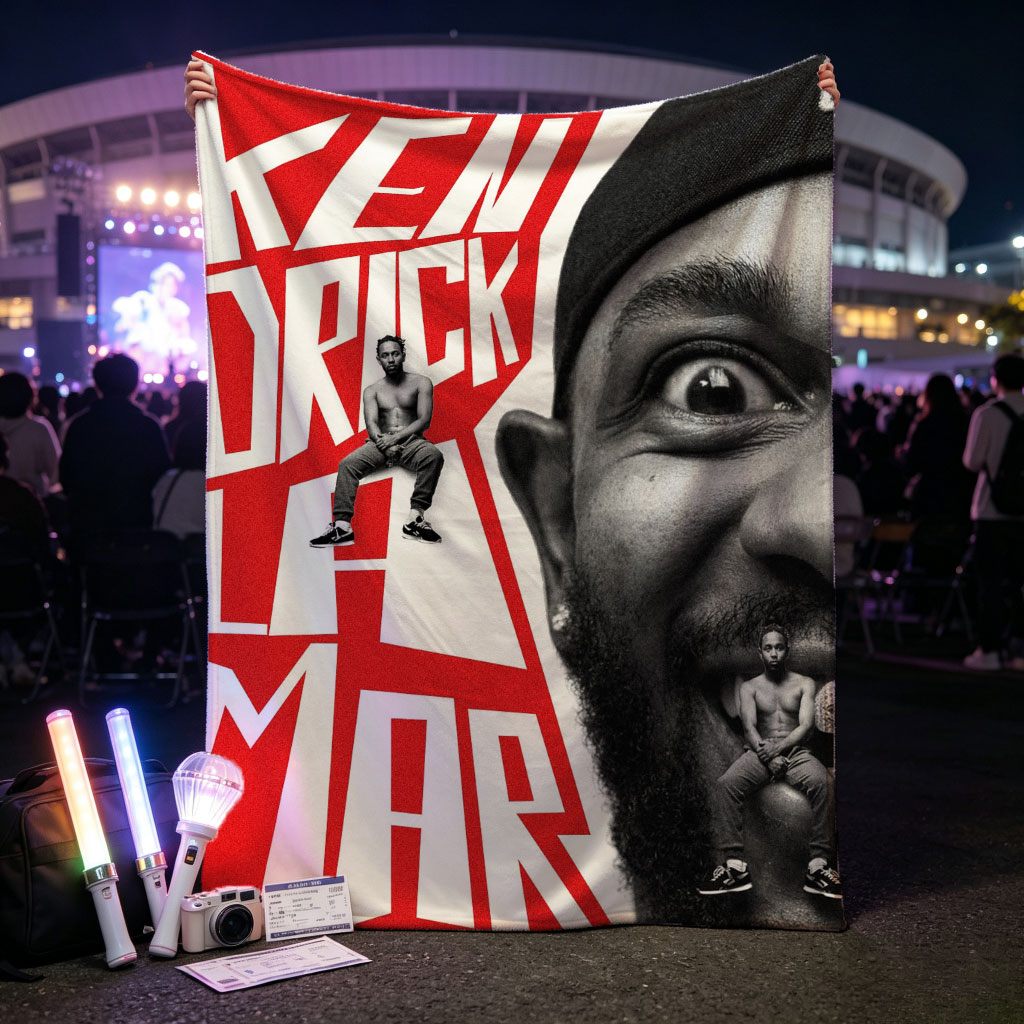 Ken Duck La Mar - Bold Red Text and Black-and-White Portrait with Miniature Figures on Face and Lettering - Blankets