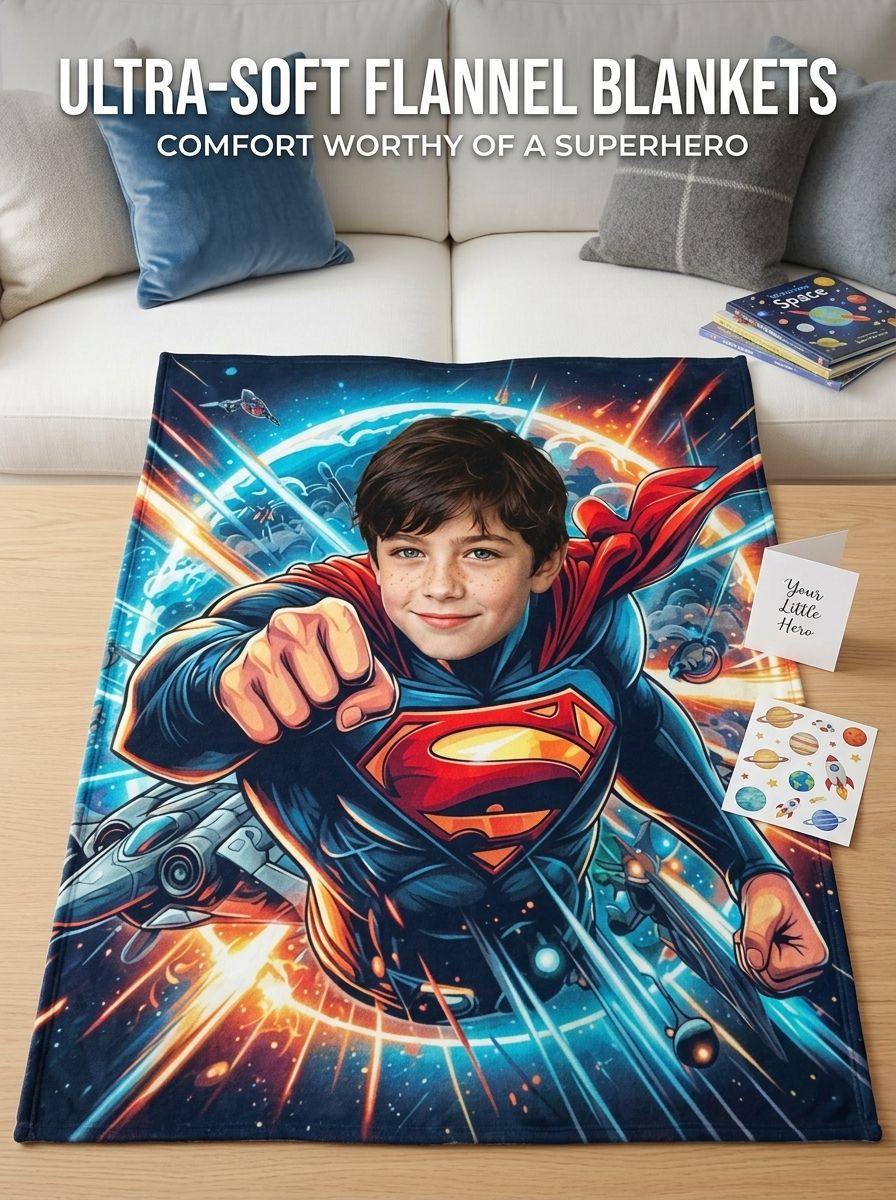 Custom Face Photo Superhero Flannel Fleece Blanket Personalized Comic Throw Cozy Bedding Gift for Kids and Adults