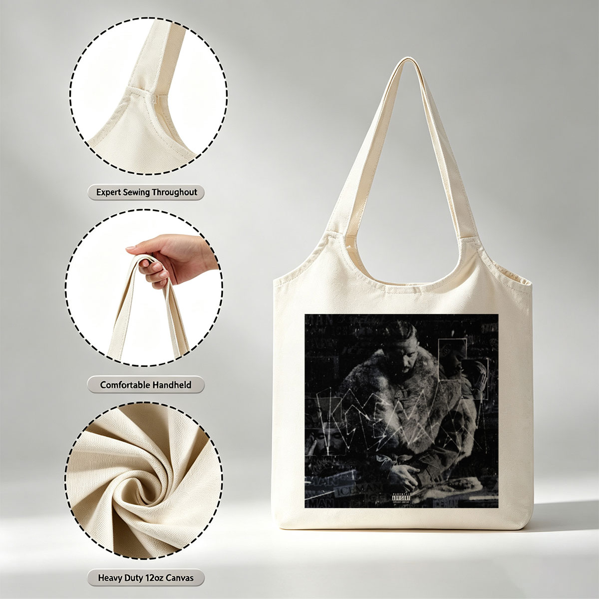 Kendrick Lamar in a fur-lined coat with geometric overlays and collage elements on a dark, textured background - Canvas shoulder bags/