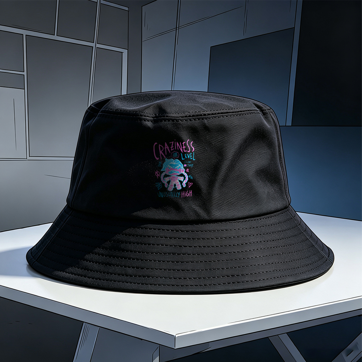 Craziness Level: Unusually High - Blue Character with Pink Accents - Fisherman's Hat