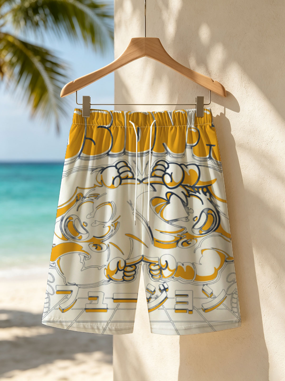 Fusion-Ha: Two Cartoon Characters in Dynamic Pose with Japanese Text and Palm Trees Background -  Beach shorts