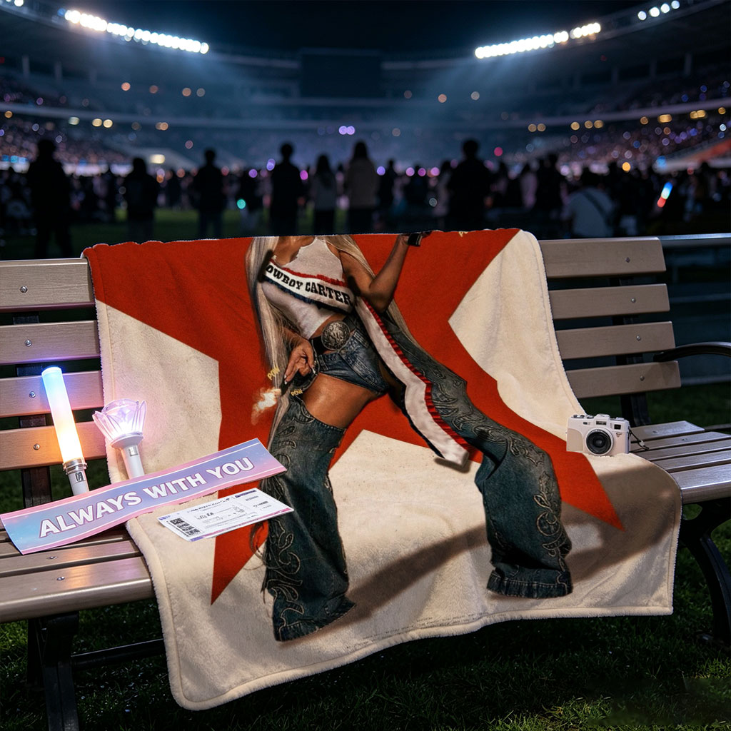 Cardi B in Cowboy Outfit Holding Guns Against Red Star Background - Blankets