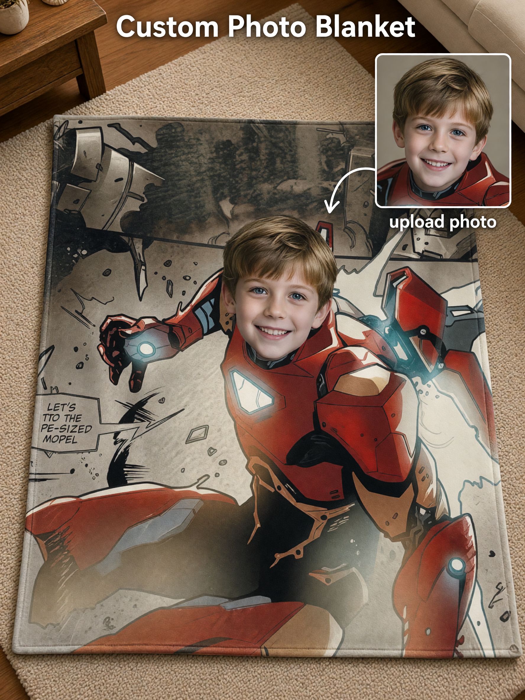 Custom Face Superhero Flannel Fleece Blanket, Personalized Comic Character Throw, Cozy Bed Couch Photo Gift