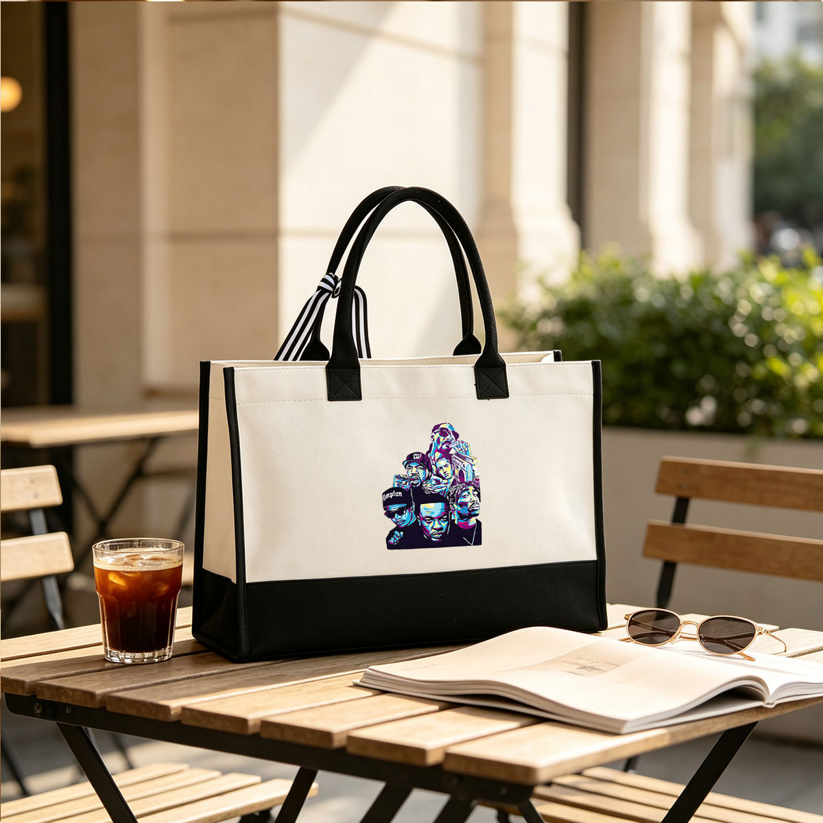 Compton Rappers: Dr. Dre, Snoop Dogg, Eazy-E, Ice Cube, and The D.O.C. in Vibrant Pop Art Style - Canvas patchwork gift tote bag