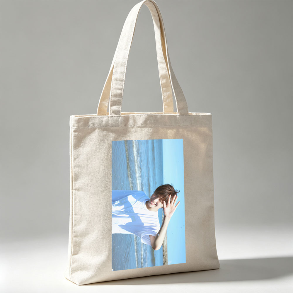BTS Jungkook Beach Scene Smiling and Waving in White T-Shirt - Canvas tote bags