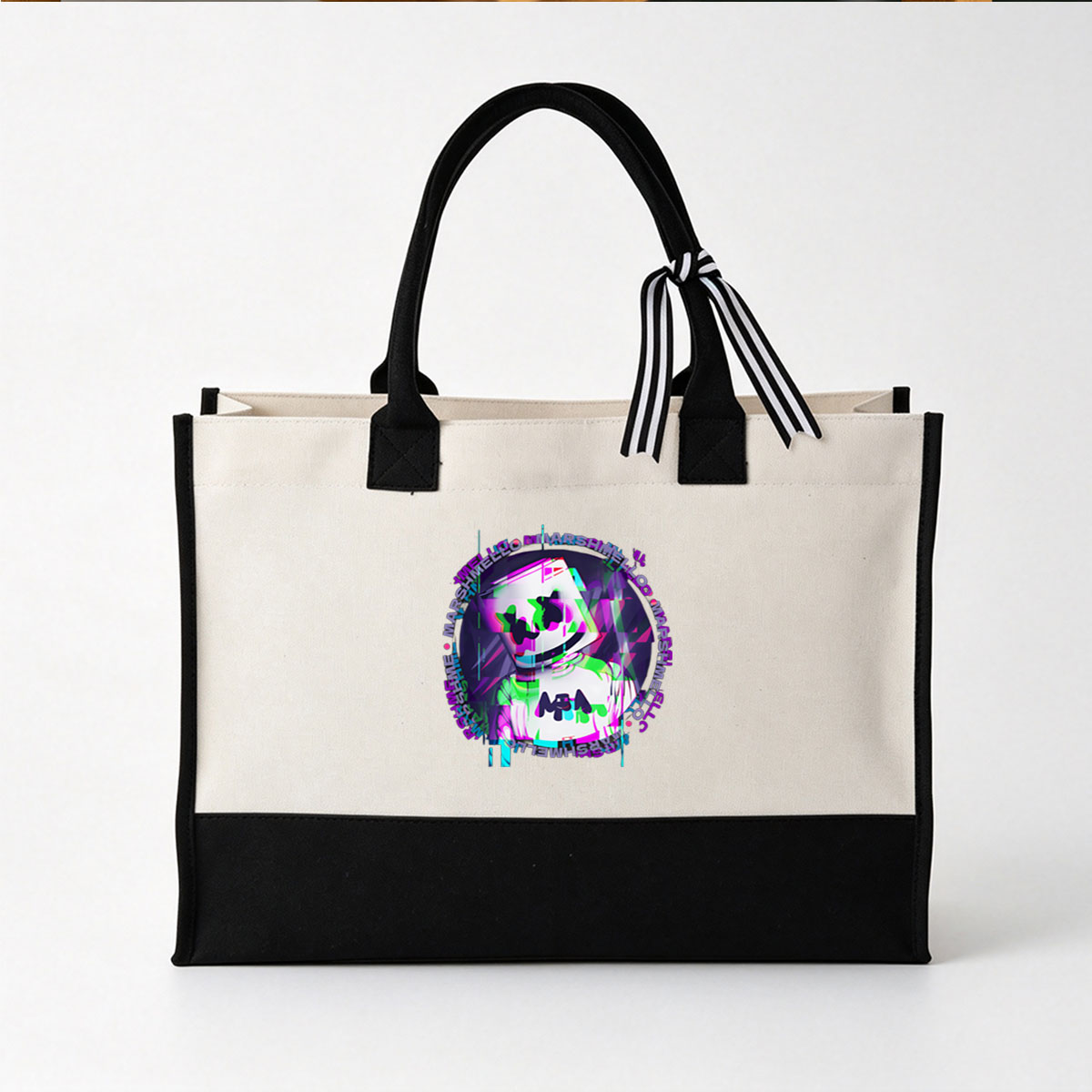 Marshmello: DJ and Music Producer in Vibrant Digital Art Style - Canvas patchwork gift tote bag