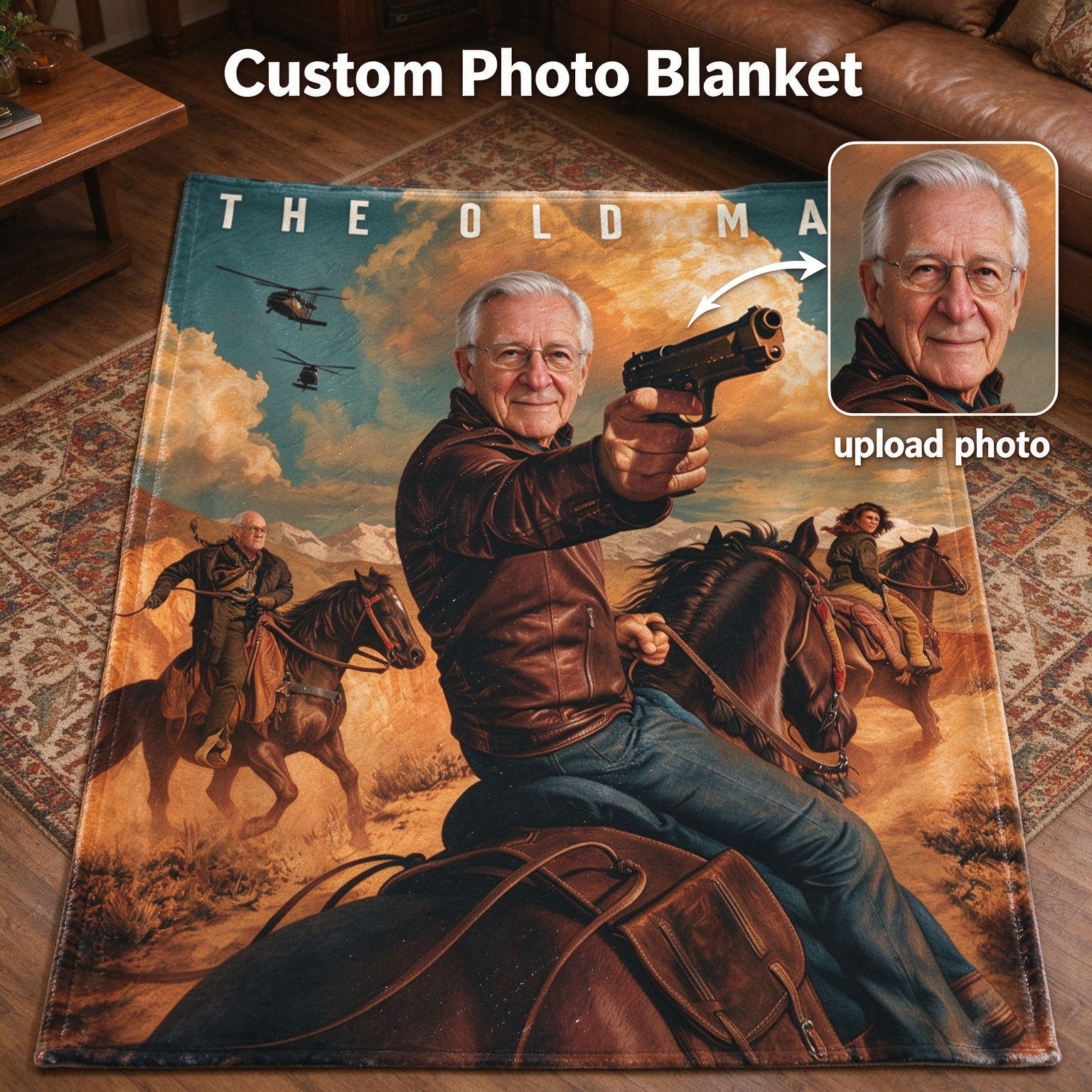 Custom Face Photo Flannel Throw Blanket Personalized Action Movie Poster Design Warm Soft Cozy Fleece Gift