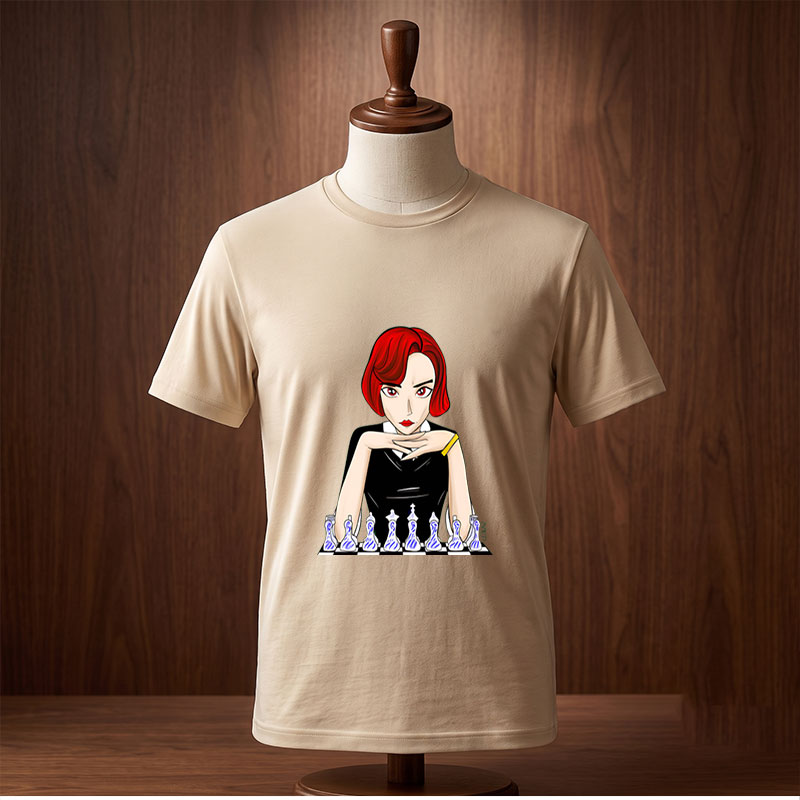Red-Haired Woman in Black Dress Playing Chess - Tee