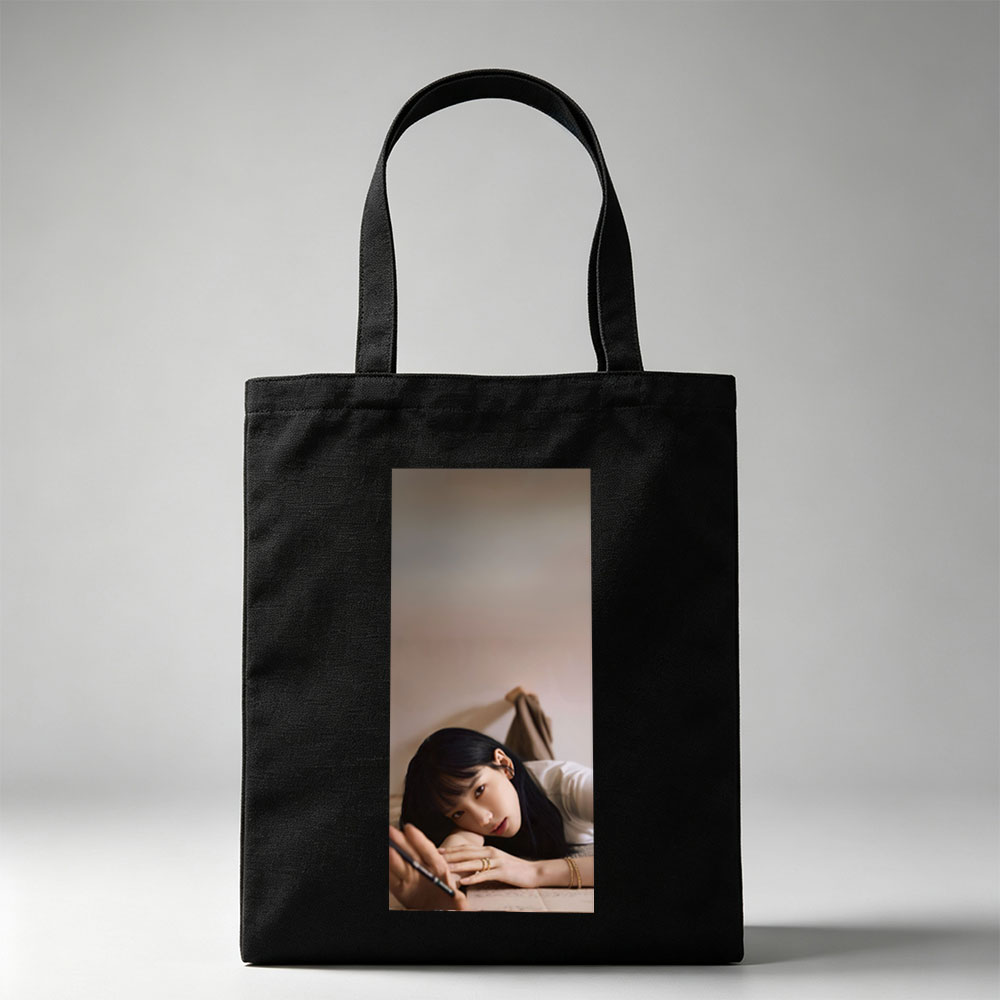 Kim Min-ji Lying on Floor Holding Pen in Soft Lighting Portrait - Canvas tote bags