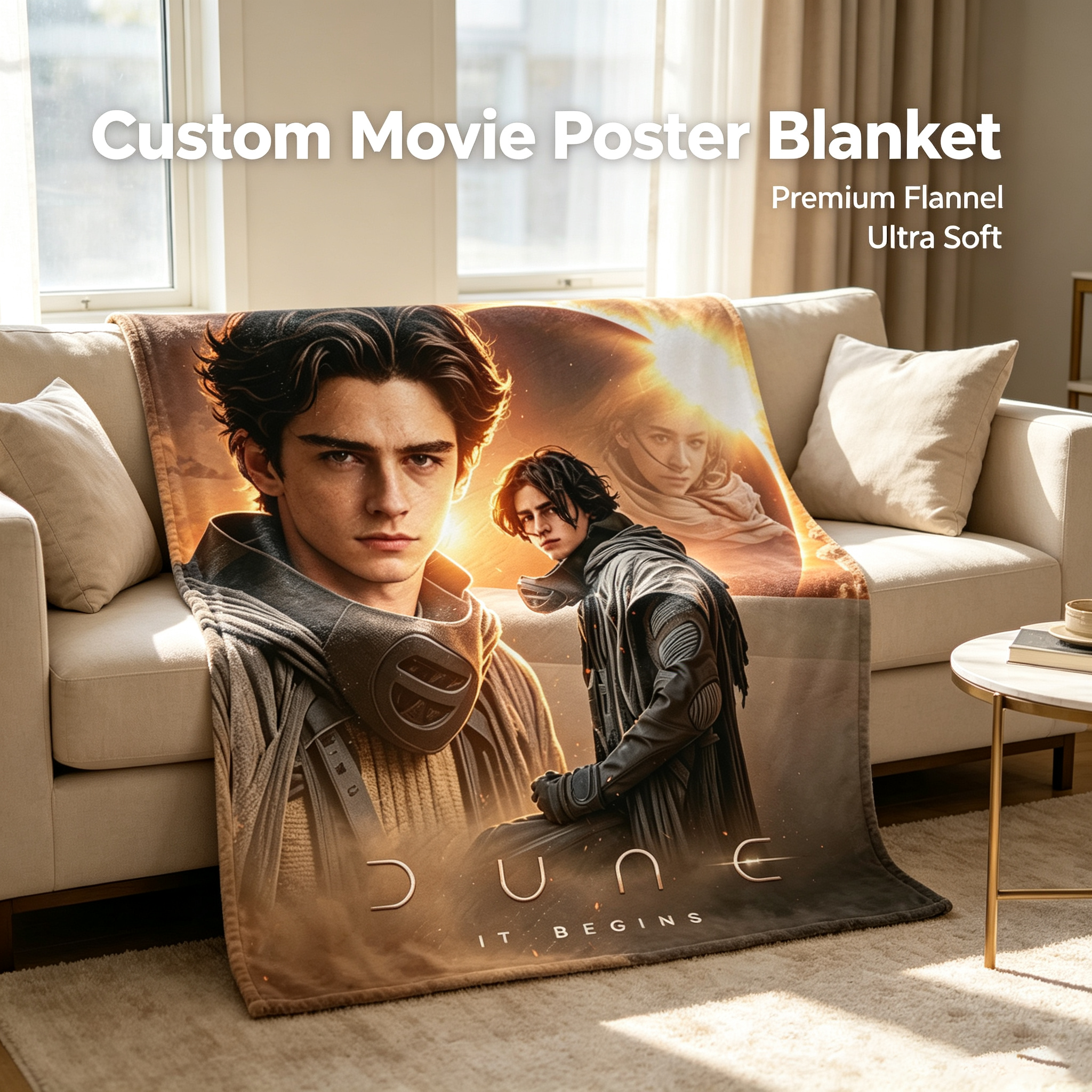 Custom Face Blanket Dune Movie Character Flannel Blanket for Home Decor and Cozy Nights – Perfect Gift or Giveaway for Fans
