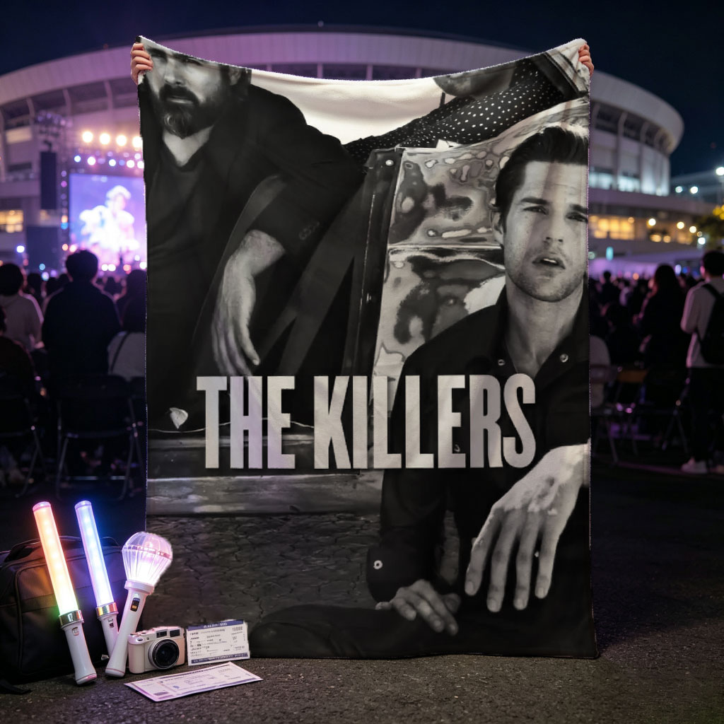The Killers Band Members in a Vintage Car Black and White Photo - Blankets