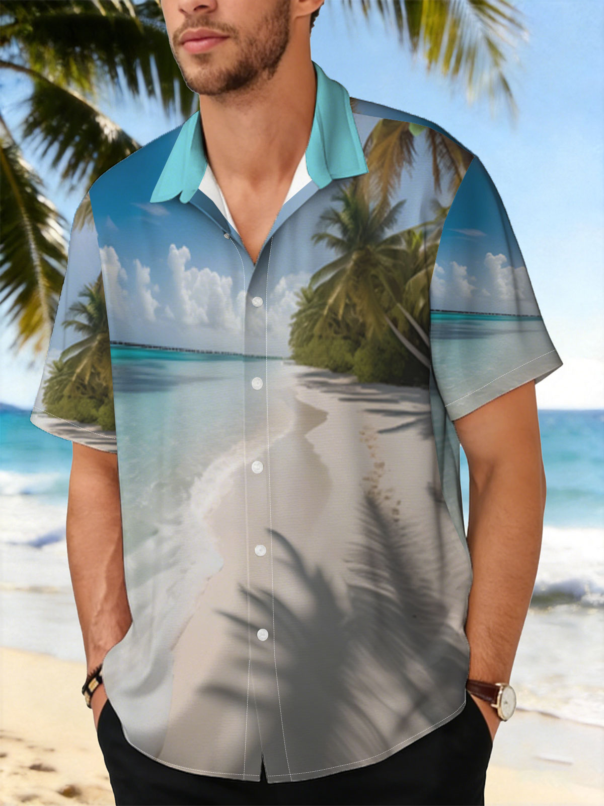 Tropical Beach with Palm Shadows and Crystal Clear Water -  Shirt