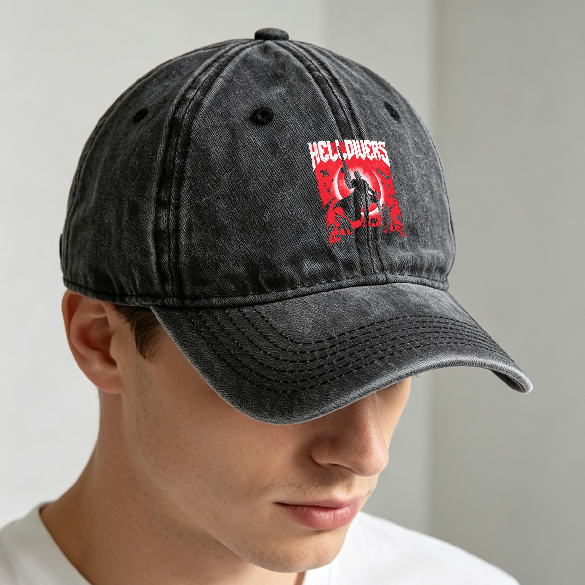 Helldivers: Silhouetted Warriors Against a Crimson Sky - Washed Denim - Baseball Cap