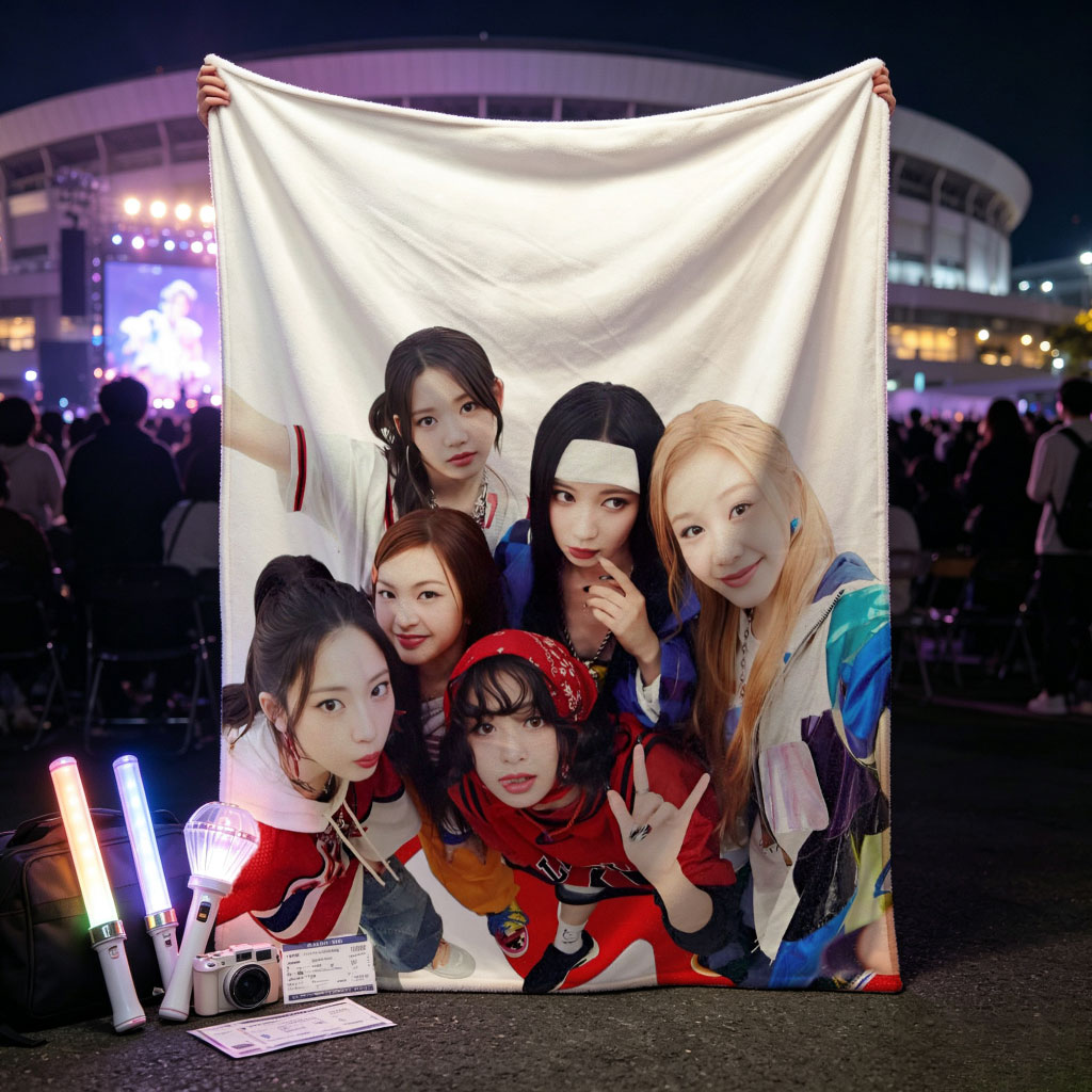 BABYMONSTER Group Photo - Five Members Posing Playfully in Colorful Outfits Against White Background - Blankets
