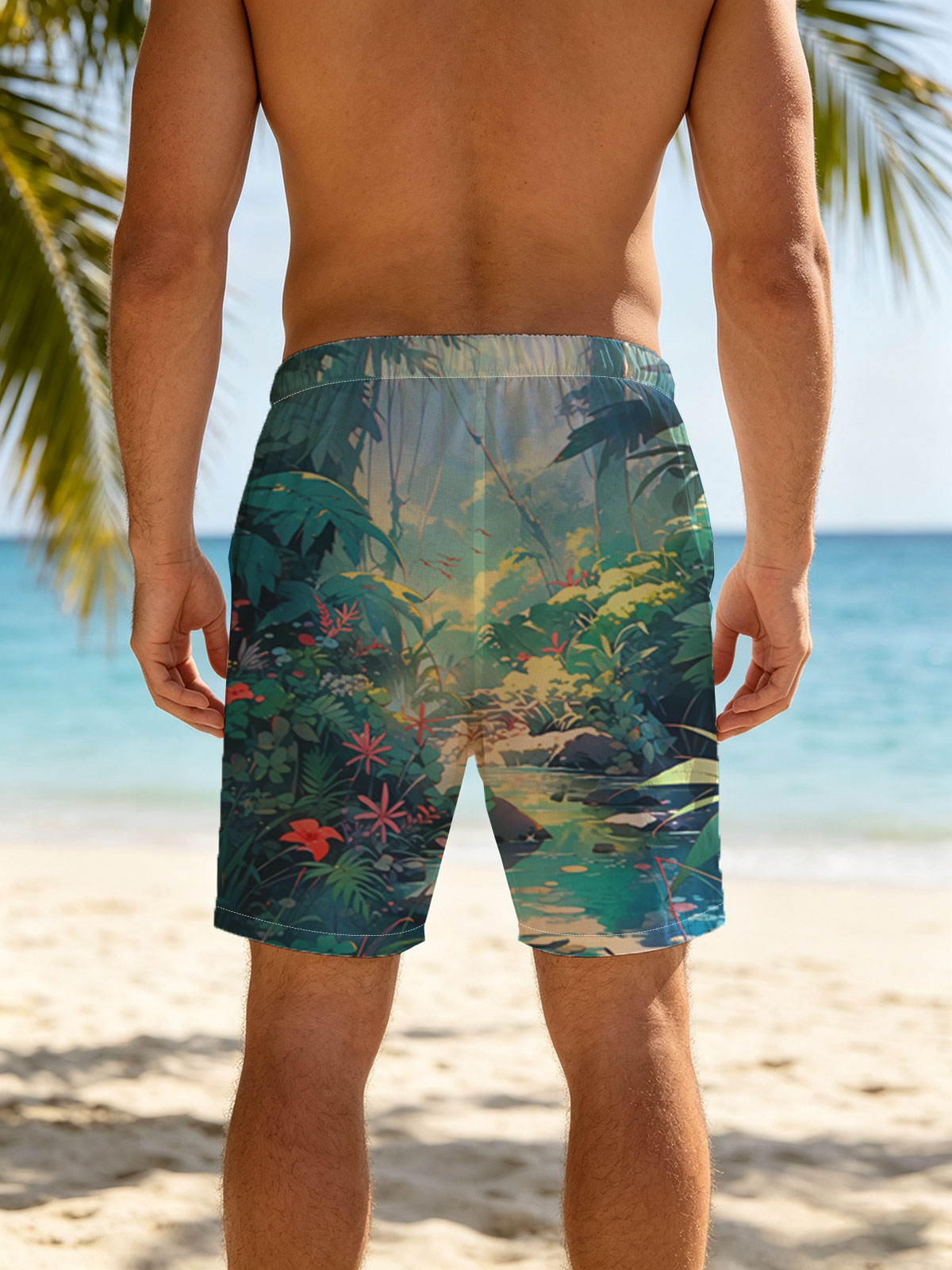 Lush Jungle Stream with Vibrant Flowers and Dappled Light -  Beach shorts