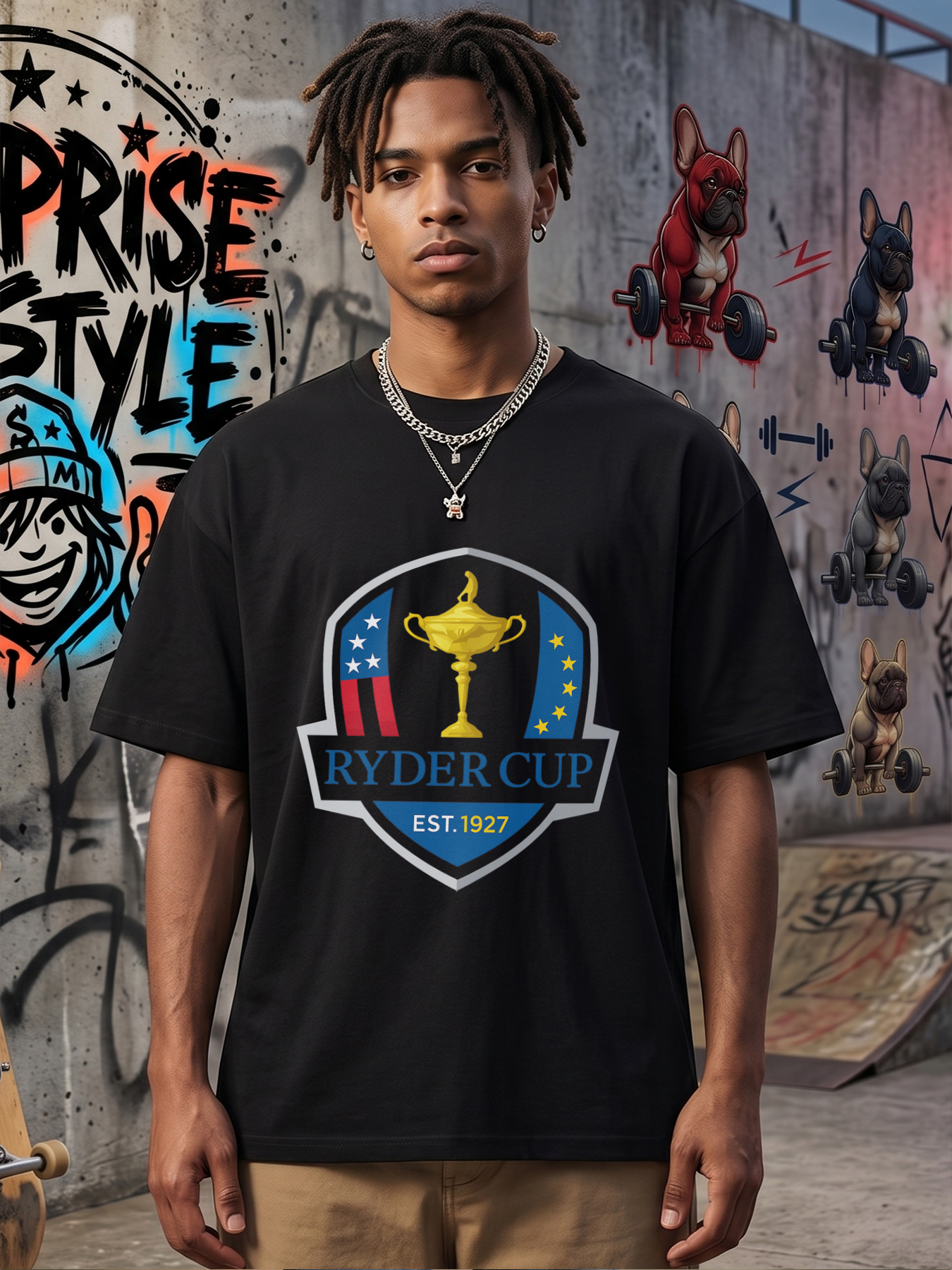 Men's Ryder Cup Trophy Print T-Shirt with USA and Europe Flag Design, Casual Round Neck Summer Lightweight Breathable Short Sleeve Tee for Golf Fans and Sports Enthusiasts