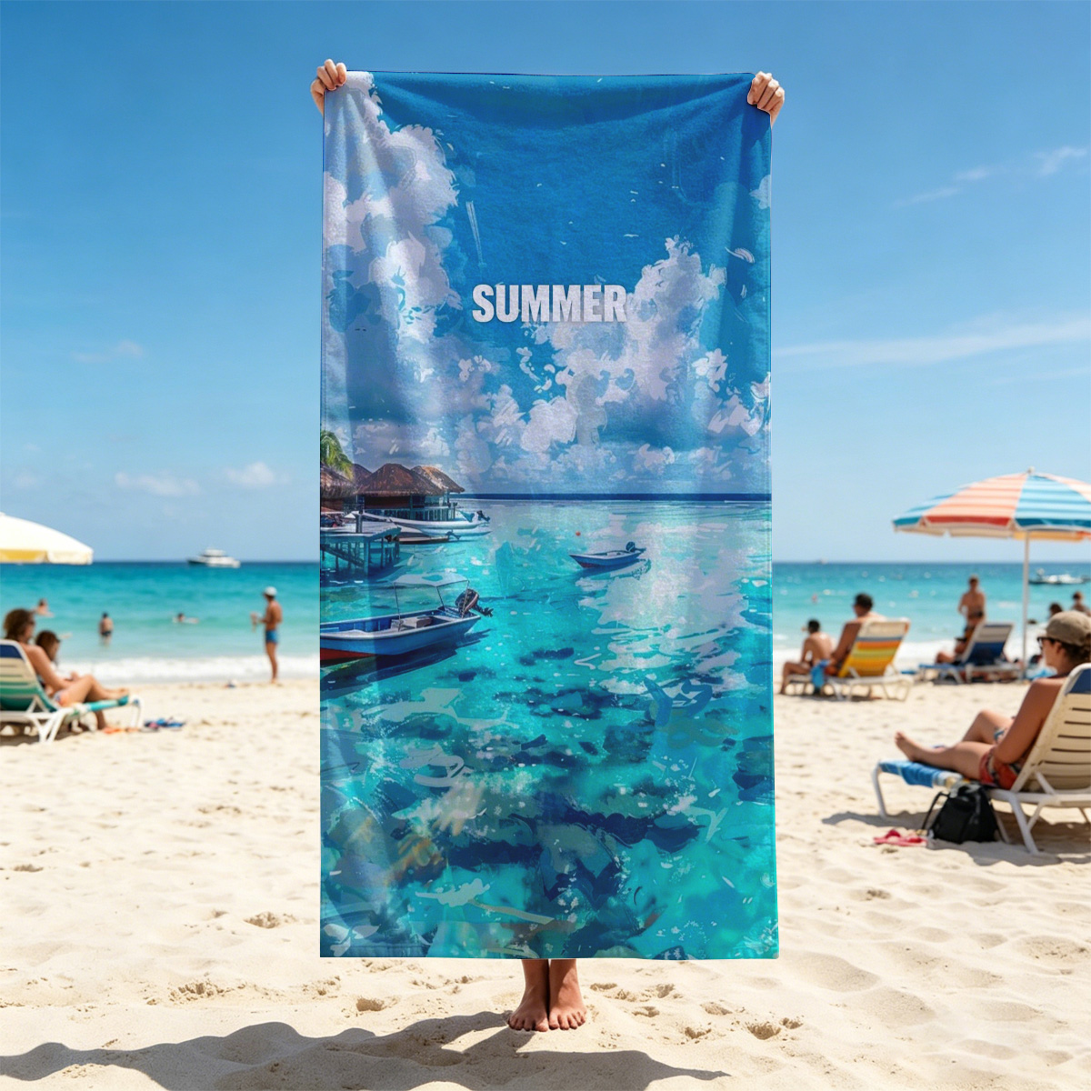 Crystal Clear Waters and Boats Under a Summer Sky - Beach towels