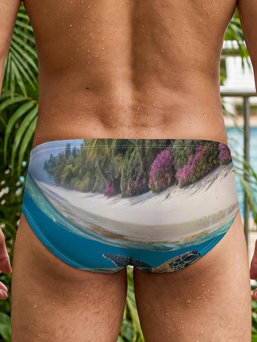 Sea Turtle Swims Near Coral Reef and Tropical Beach -  Men's swim trunks