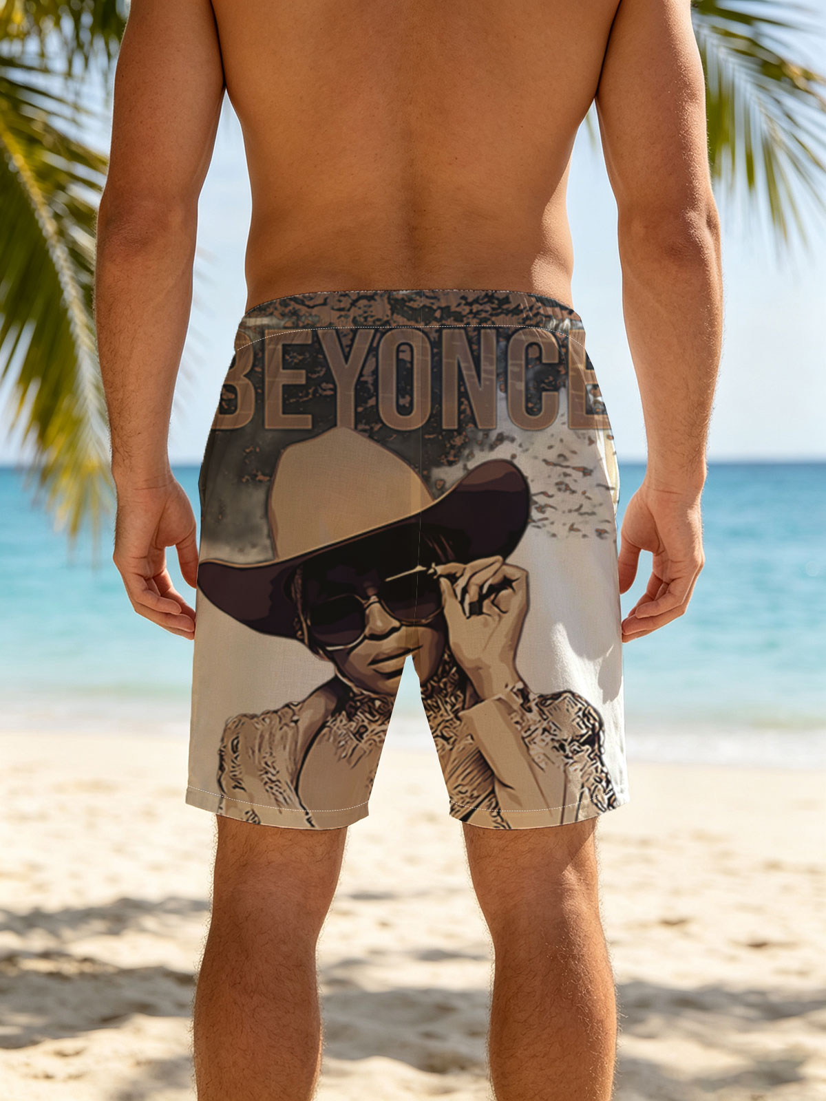 Beyoncé in Cowboy Hat and Sunglasses Artwork -  Beach shorts