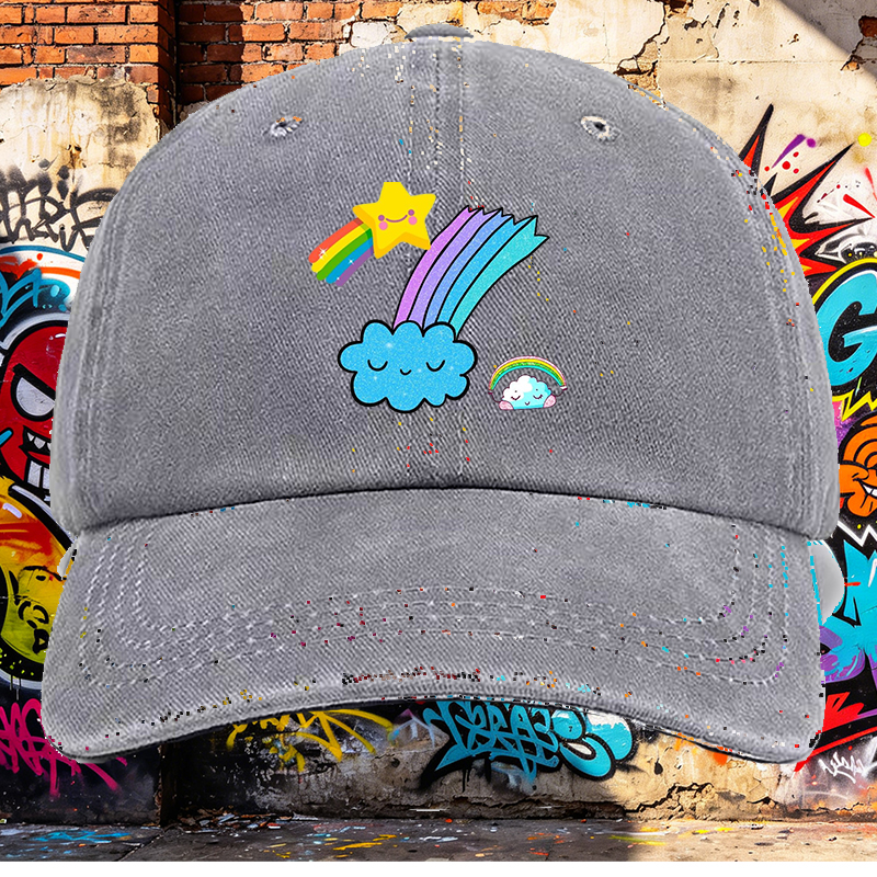 Men's Printed Washed Cap with Rainbow Star Cloud Design Casual Round Brim Lightweight Summer Hat for Outdoor Activities and Daily Wear, Perfect for Young Adults and Trendy Urban Style Lovers