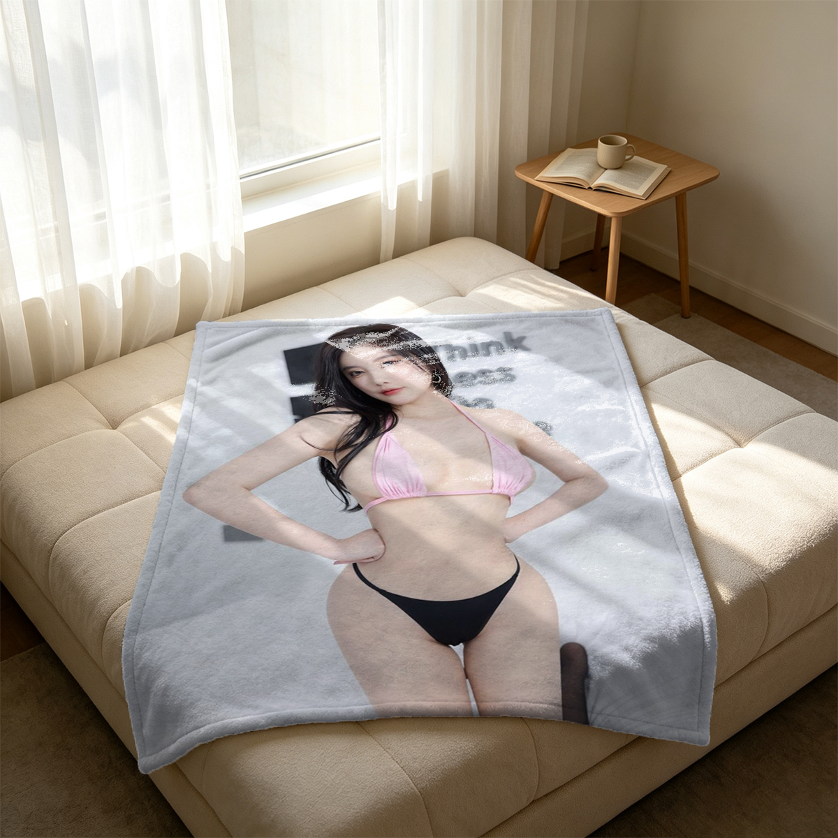 Bound Office Lady in Black Suit and Rope Bondage on Couch - Blanket