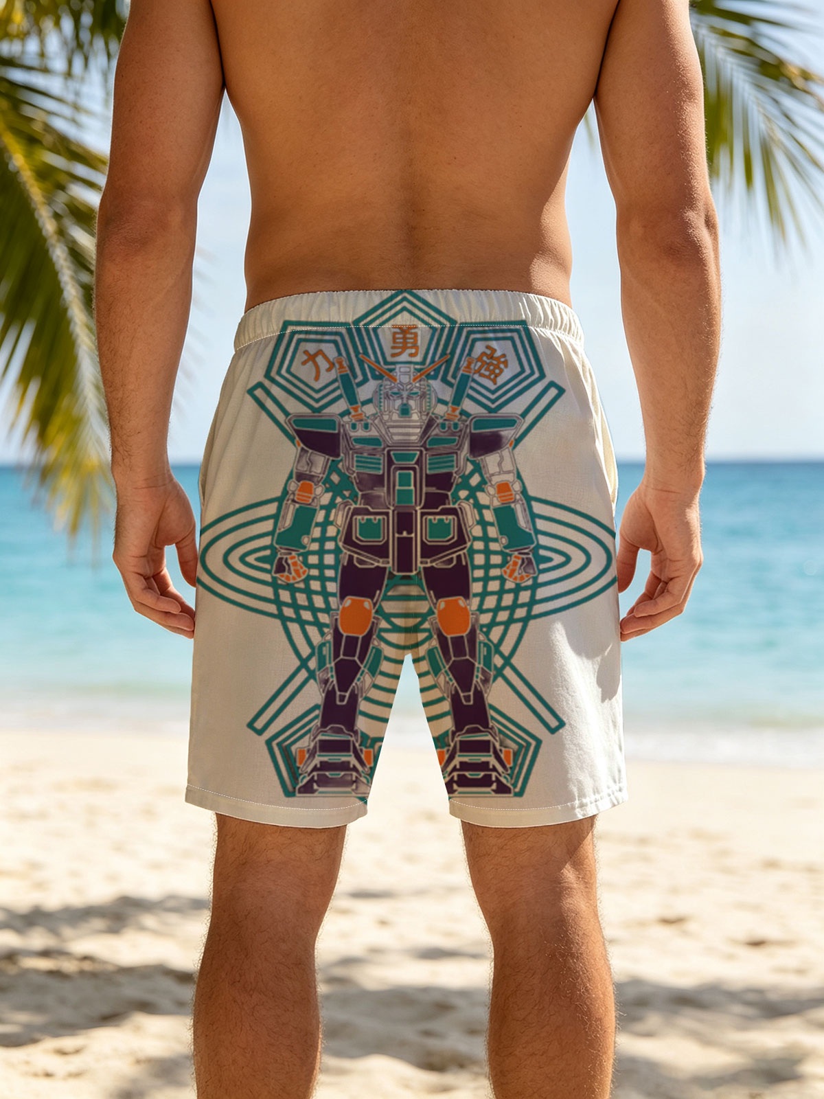 Gundam Warrior Robot with Chinese Characters and Geometric Design -  Beach shorts
