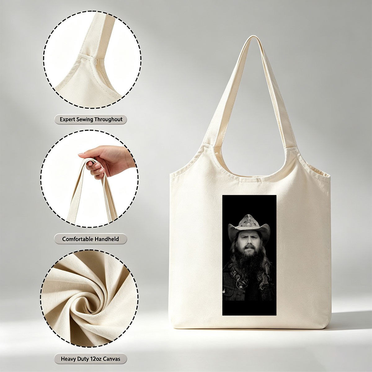 Chris Stapleton in a Cowboy Hat and Denim Jacket - Black and White Portrait - Canvas shoulder bags/