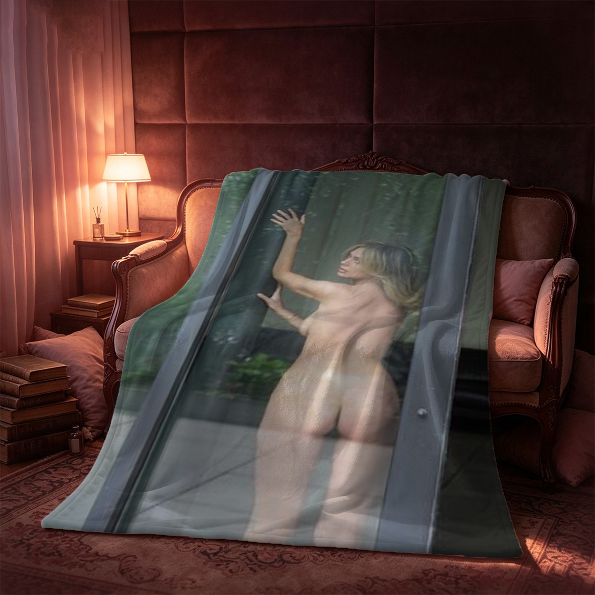 Blonde woman lying naked on bed, head resting on arms, seductive gaze. - Blanket