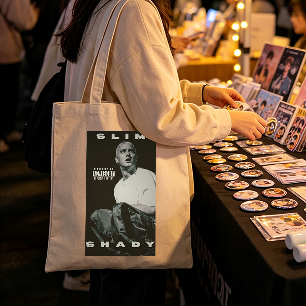 Eminem Sitting in a Dark Room with Parental Advisory Label on Album Cover - Canvas tote bags