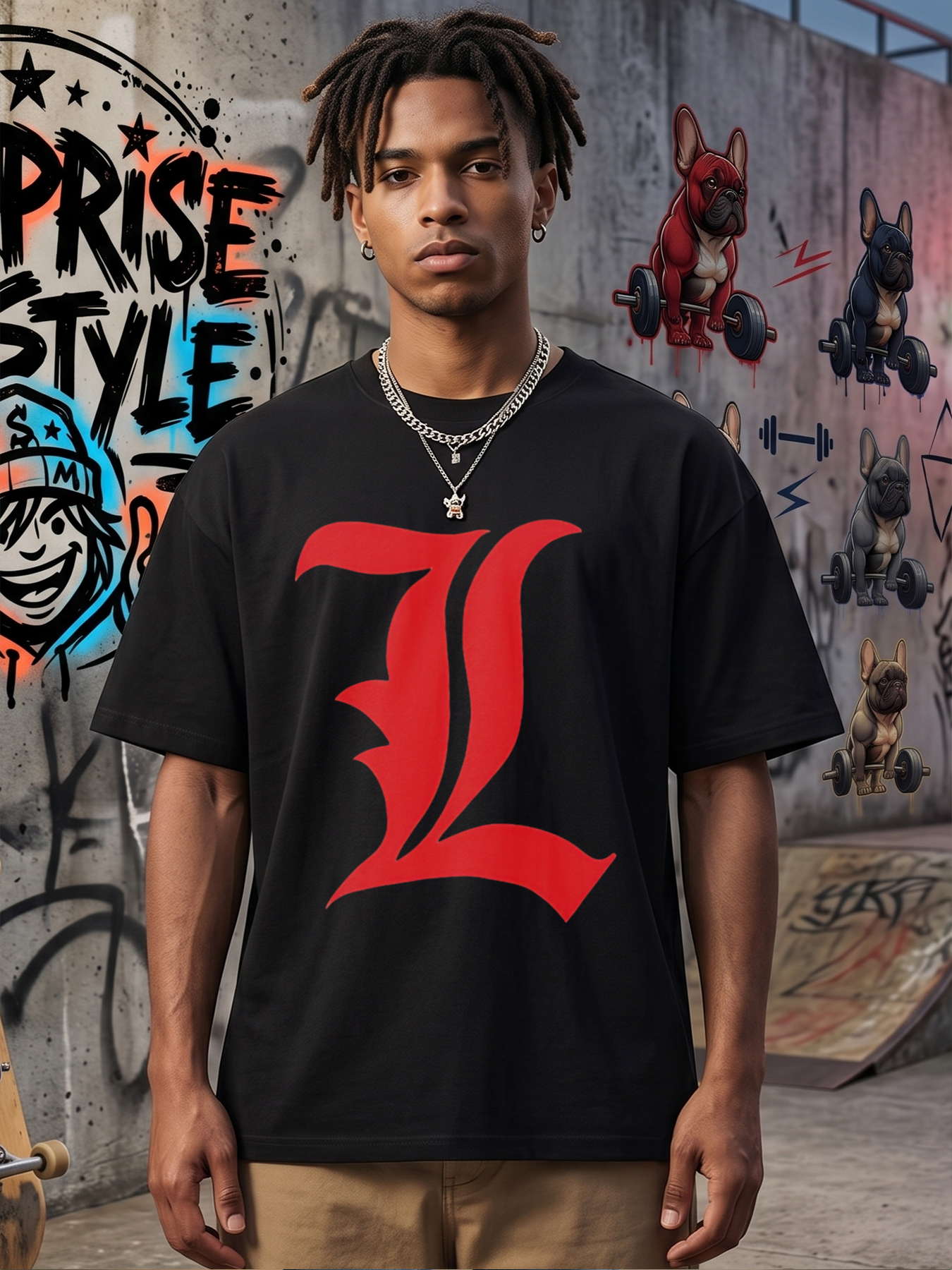 Men's Printed T-Shirt with Bold Red Gothic Letter L Design Casual Round Neck Summer Lightweight Breathable Short Sleeve T-Shirt for Everyday Wear and Outdoor Activities Suitable for Young Adults and Fashion-Lovers