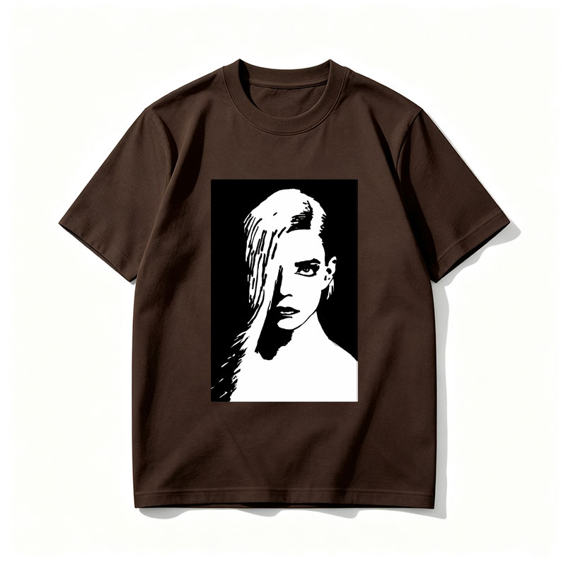 Stylized Black and White Portrait of a Woman with Long Hair - Tee