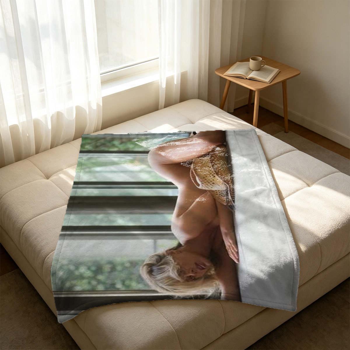Short-Haired Woman in White Dress Looking Through Window - Blanket