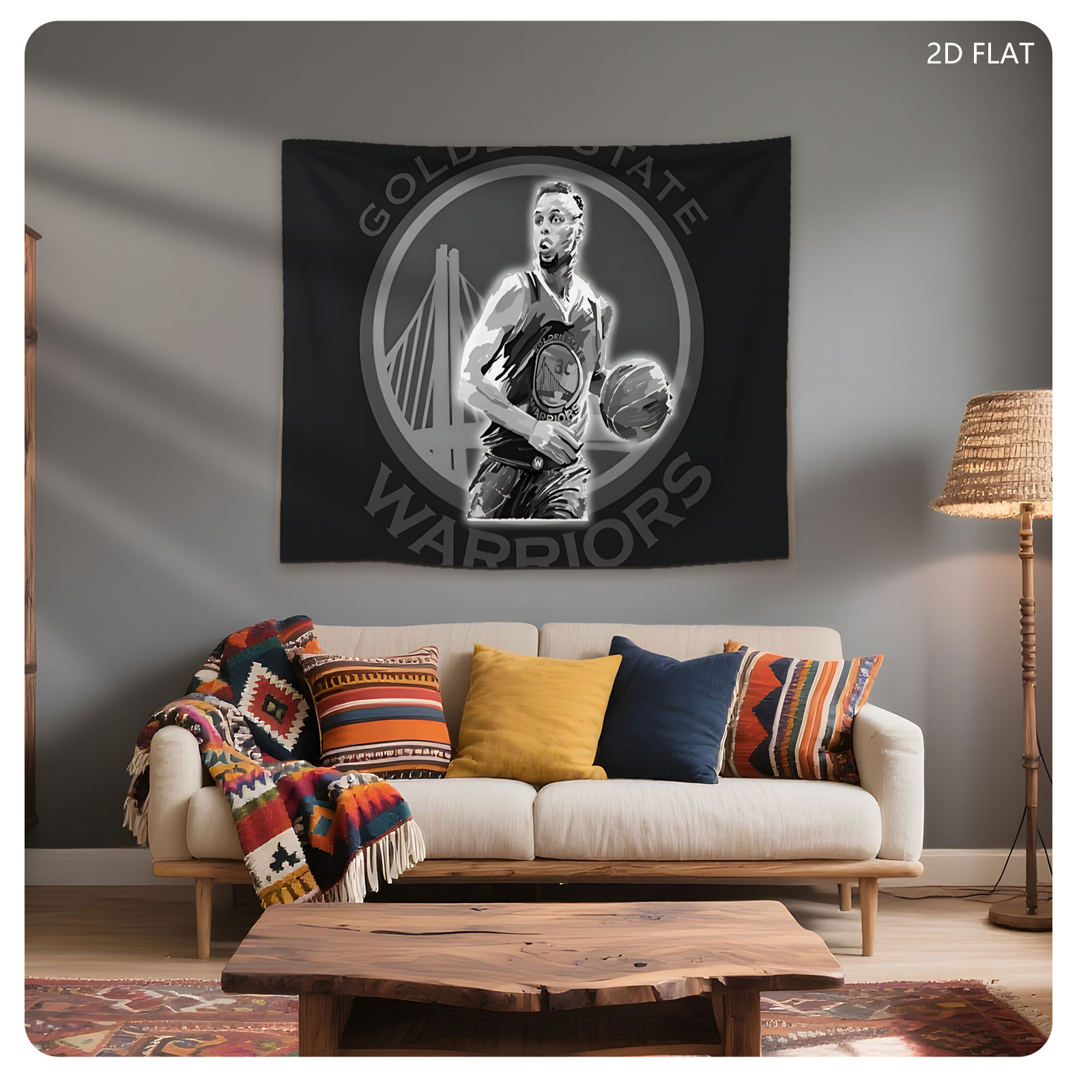 Stephen Curry in Golden State Warriors Uniform with Basketball - Tapestry