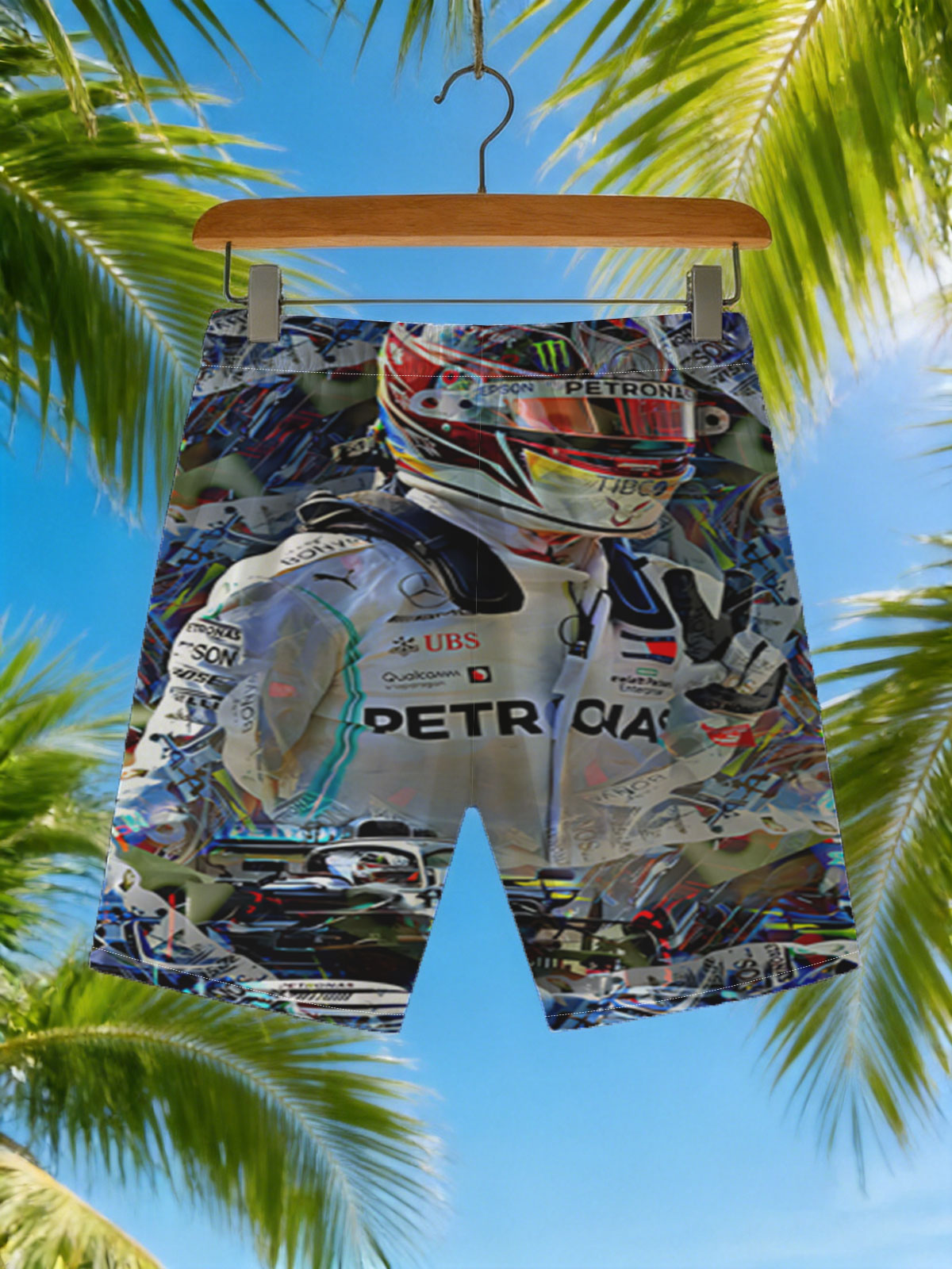 Lewis Hamilton in Mercedes F1 Racing Suit and Helmet, Petronas Sponsorship, Artistic Collage Style -  Beach shorts