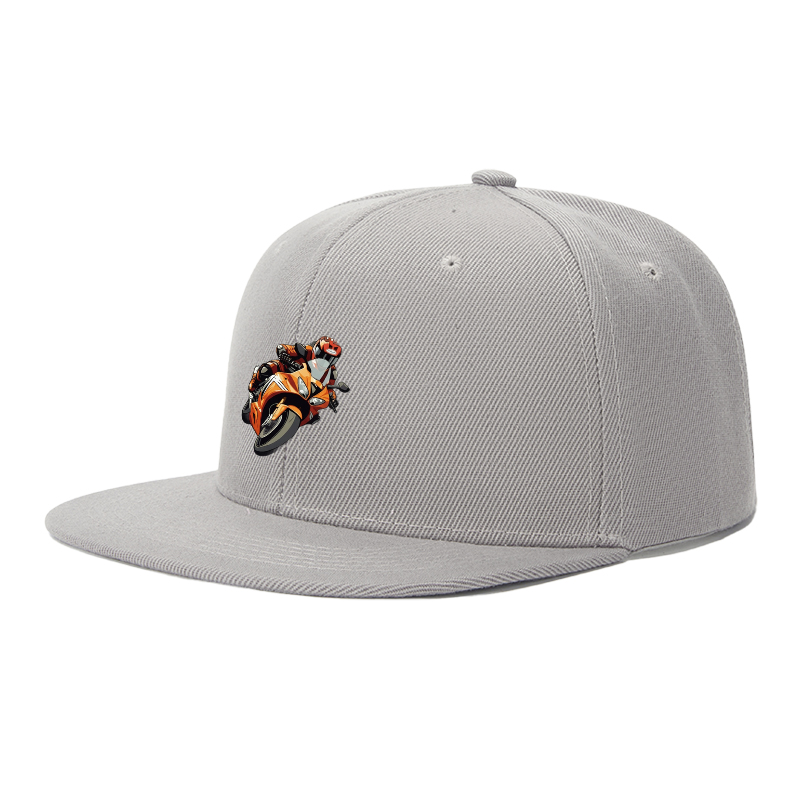 Flat Brim Baseball Cap Orange Motorcycle Rider Graphic Streetwear Underground Skate Style for Bike Track Urban Riders and Moto Enthusiasts