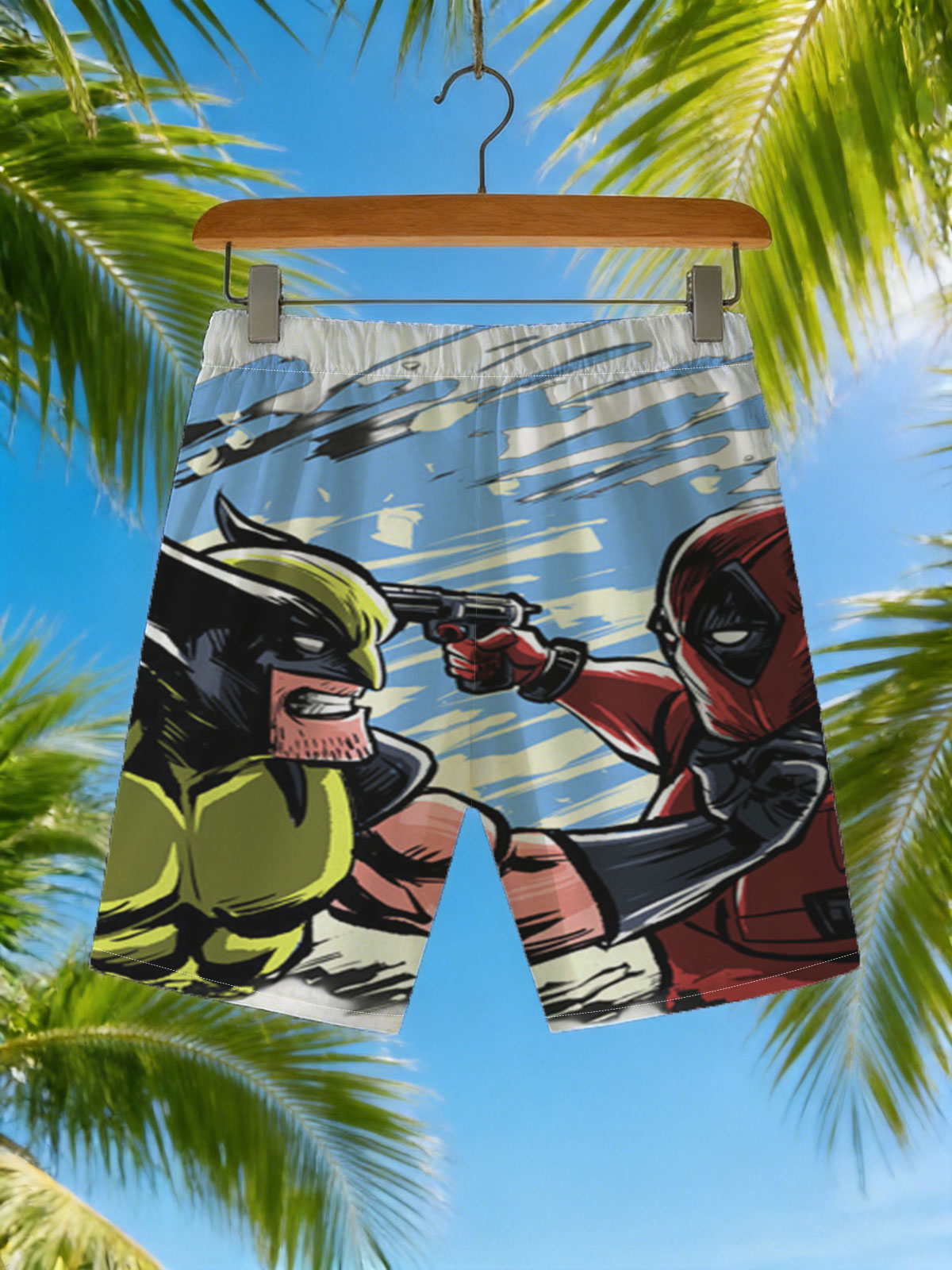 Wolverine vs Deadpool: Intense Face-Off in Comic Style -  Beach shorts