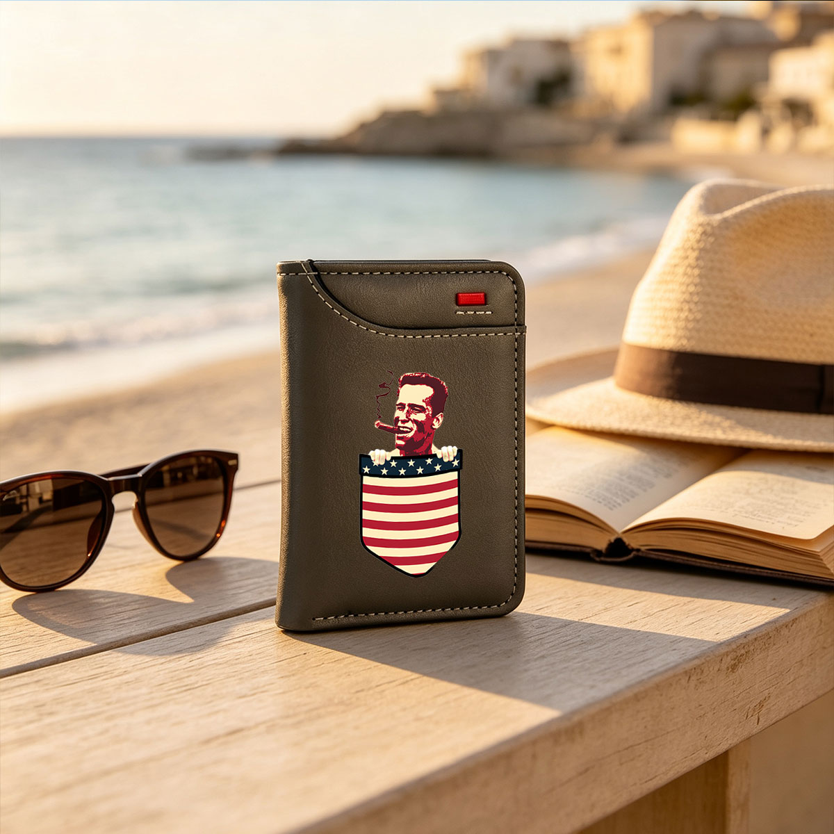 Mickey Rourke with Cigar Holding American Flag Shield - Vertical Style Wallet