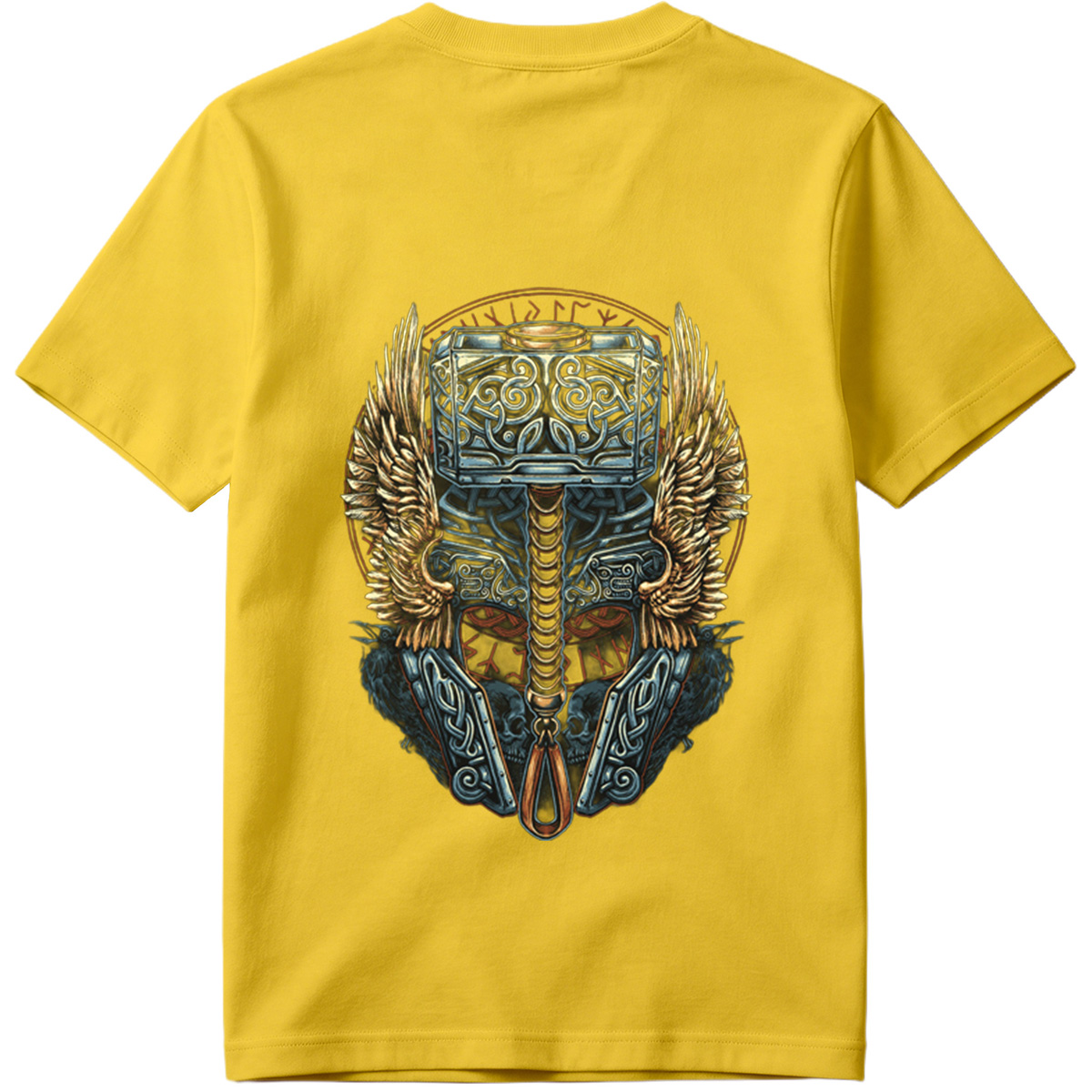 Thor's Hammer Mjolnir with Norse Symbols and Wings - Tee