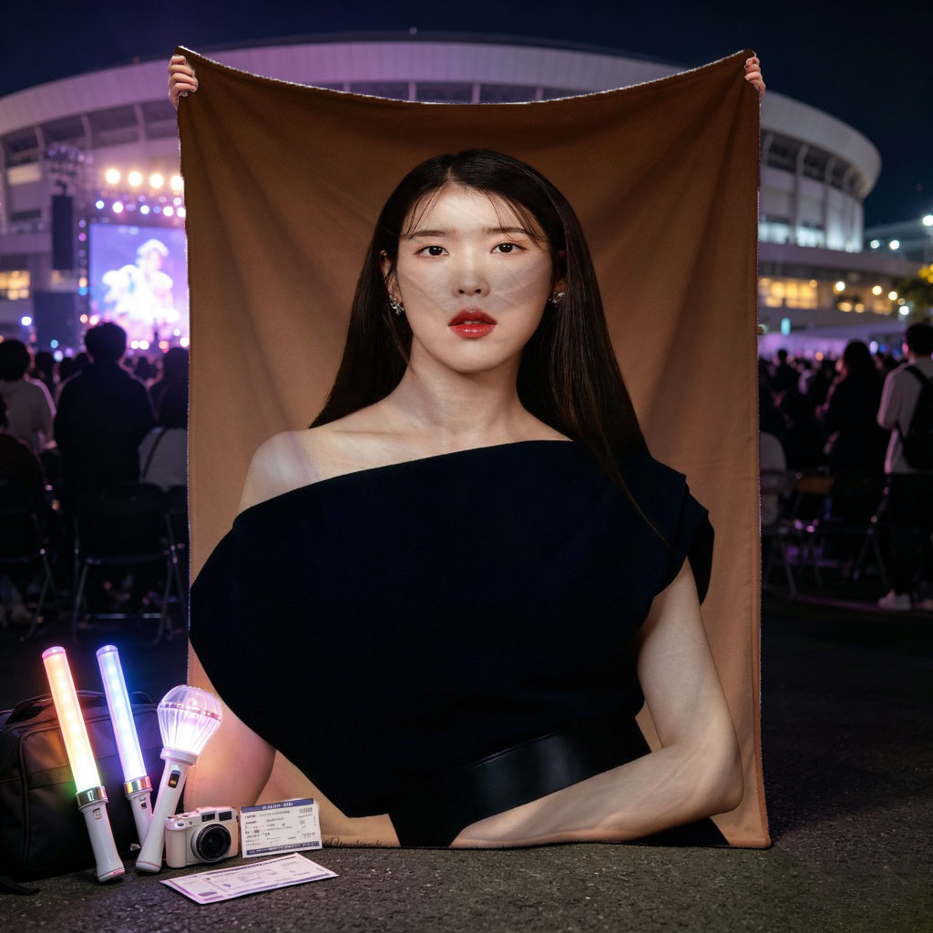 IU in Elegant Black Off-Shoulder Dress Against Warm Brown Background - Blankets