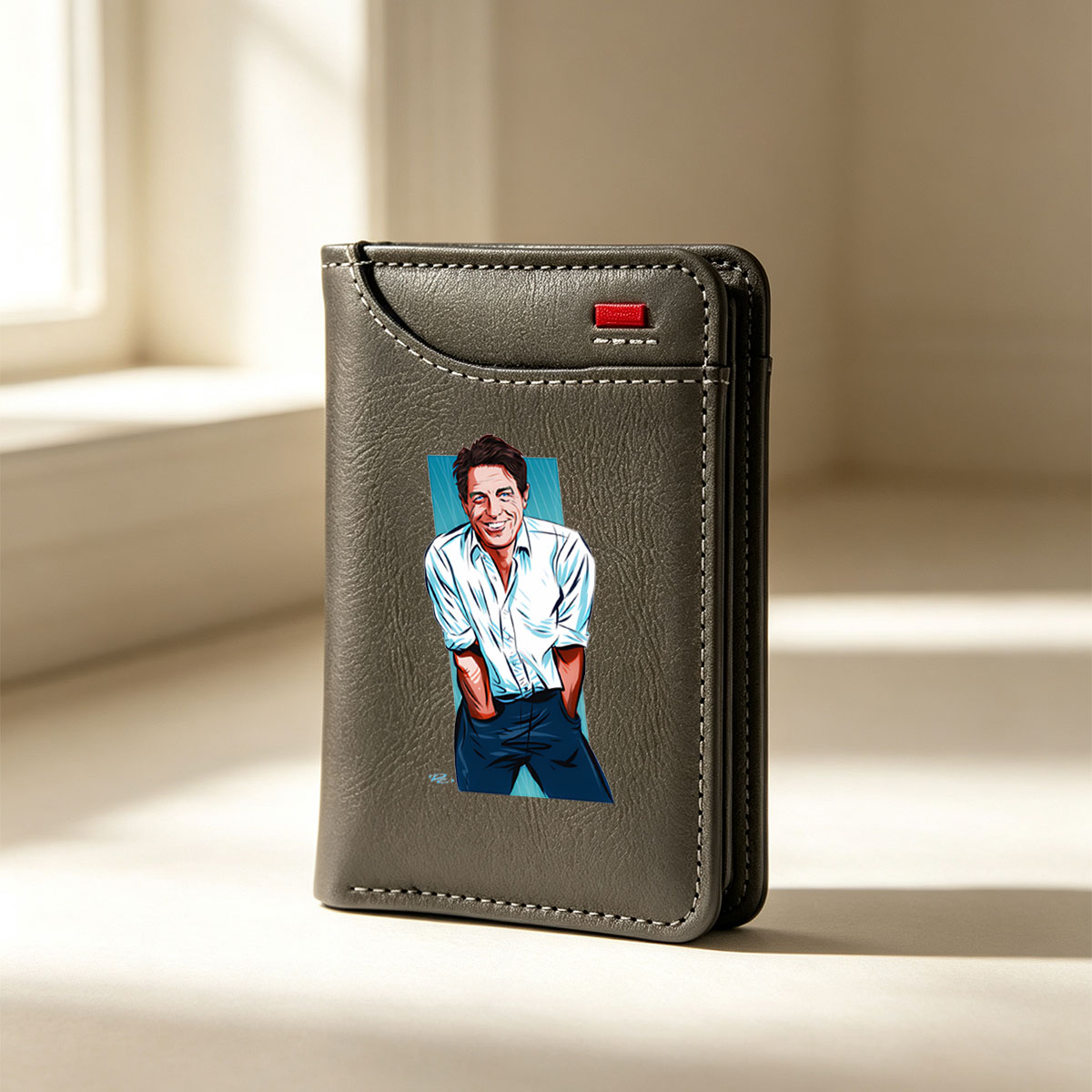 Tom Hanks in a Light Blue Shirt and Dark Pants, Smiling with Hands in Pockets - Vertical Style Wallet