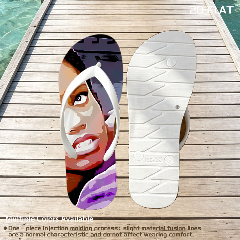 Woman with Braids and Hoop Earrings in Striped Shirt, Man in Purple Shirt with Tattooed Back -  flip-flops