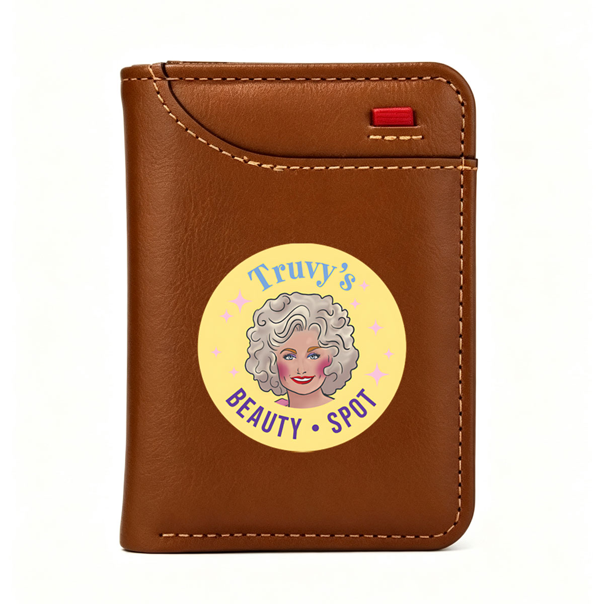 Truy's Beauty Spot: A Vibrant Logo Featuring a Stylish Character with Curly Hair and Sparkling Stars - Vertical Style Wallet
