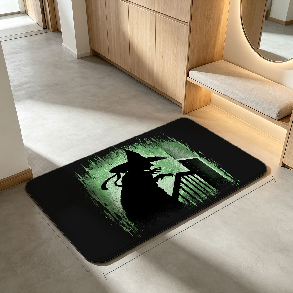 Silhouette of a Witch on Stairs in Green Glow - Flannel floor mat
