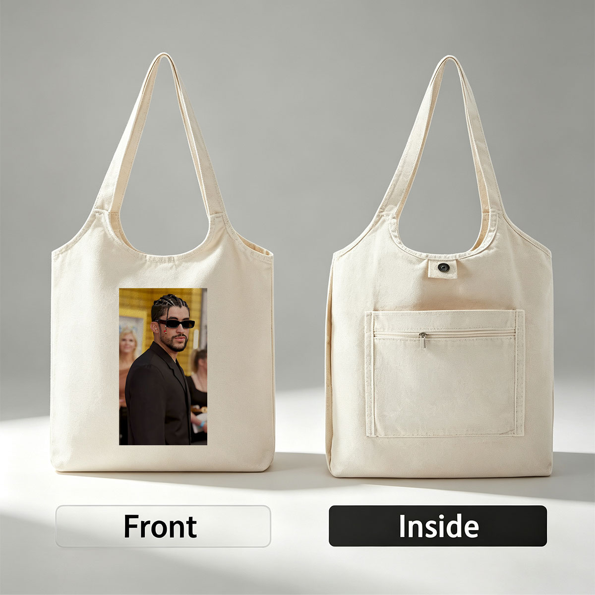 Bad Bunny at the Red Carpet Event Wearing a Black Suit and Sunglasses - Canvas shoulder bags/