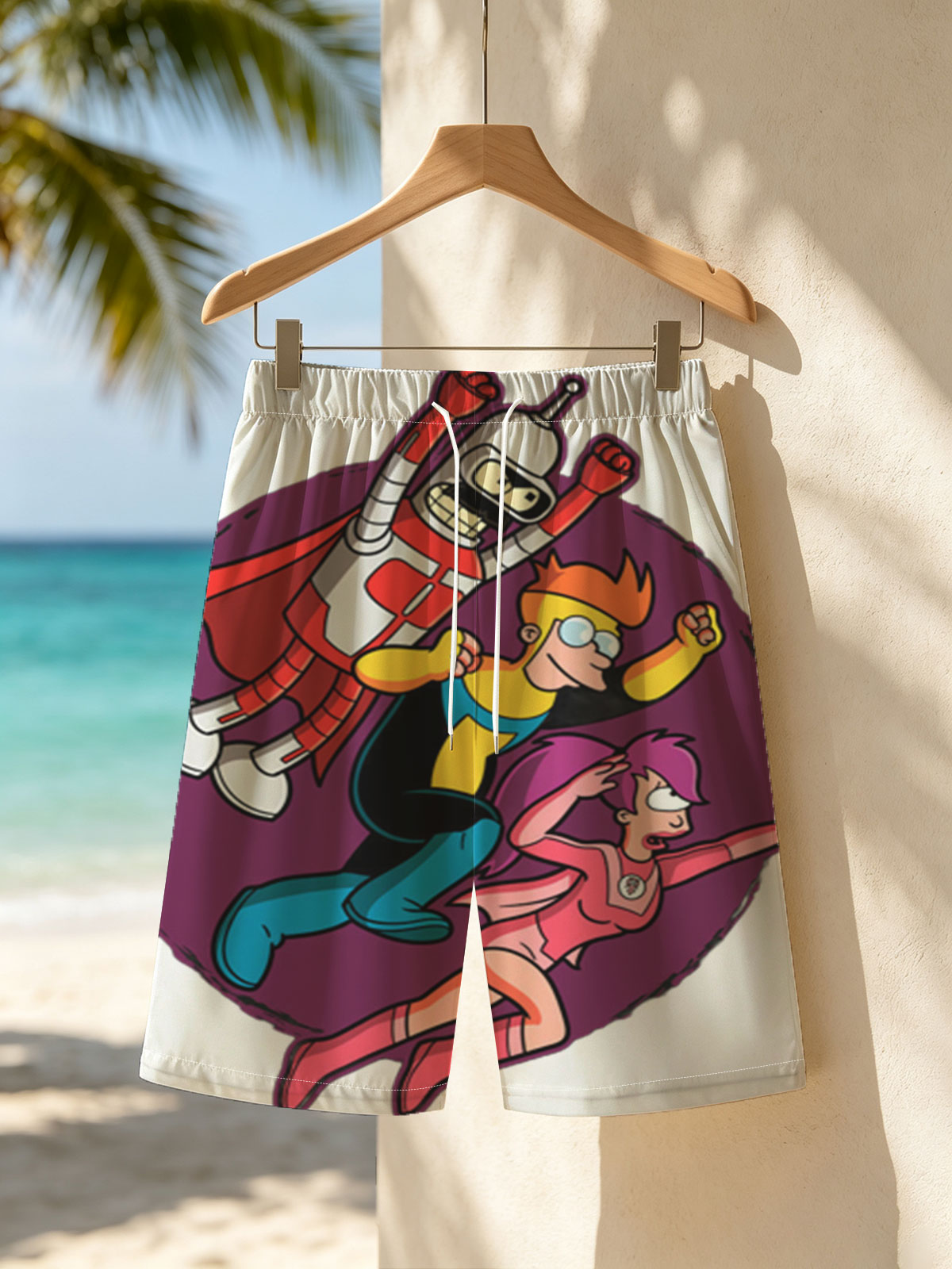 Futurama Characters: Bender, Fry, and Leela in Action Pose -  Beach shorts